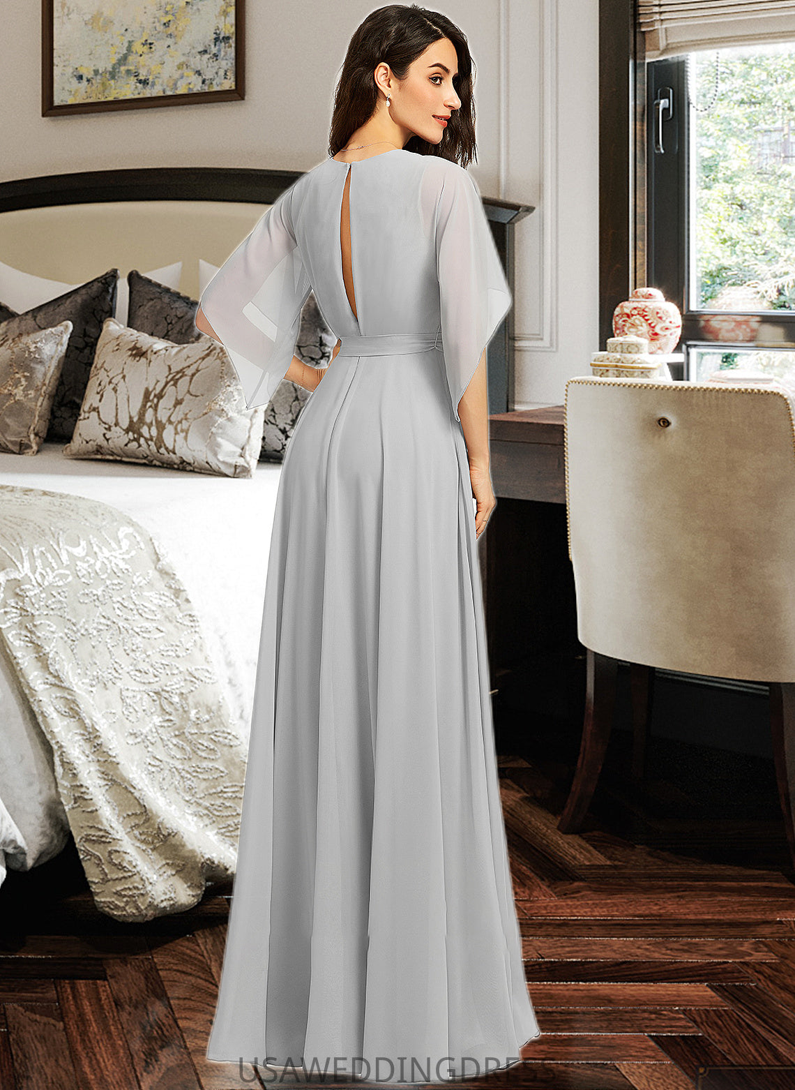 Thirza A-Line V-neck Floor-Length Bridesmaid Dress With Ruffle Split Front DSP0012844