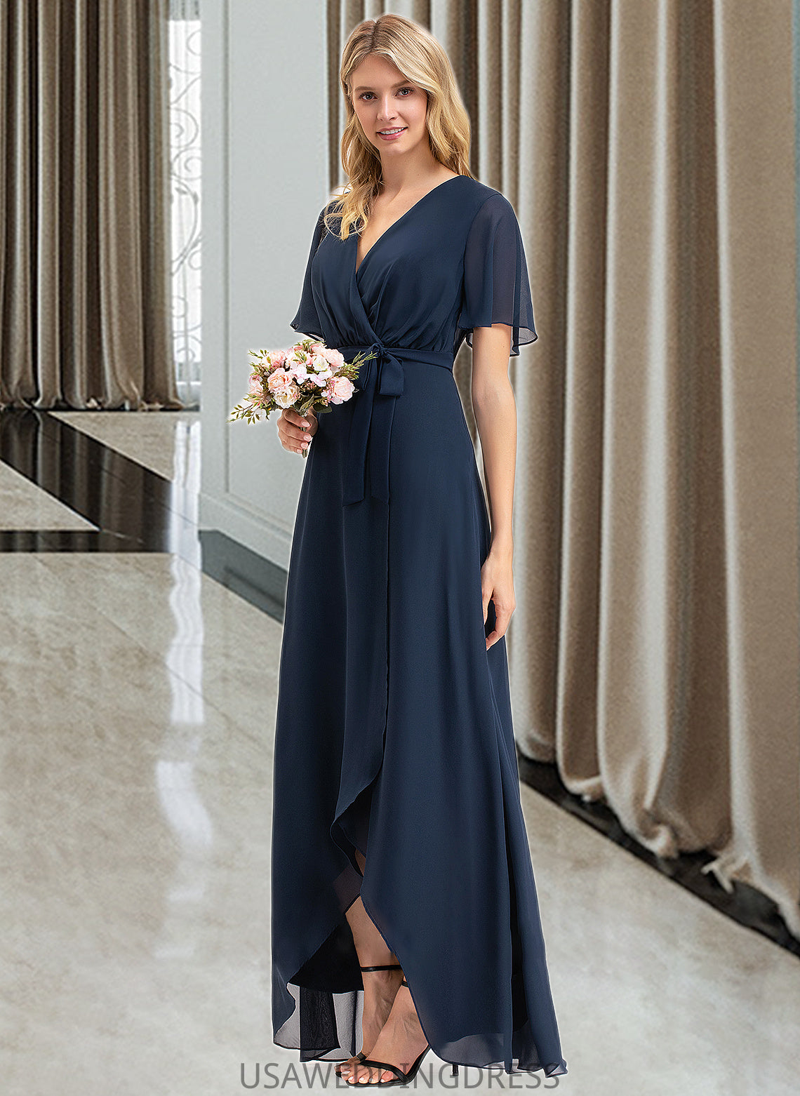 Silvia A-LineV-neckAsymmetricalChiffonBridesmaidDressWithBow(s)#251390 DSP0012846