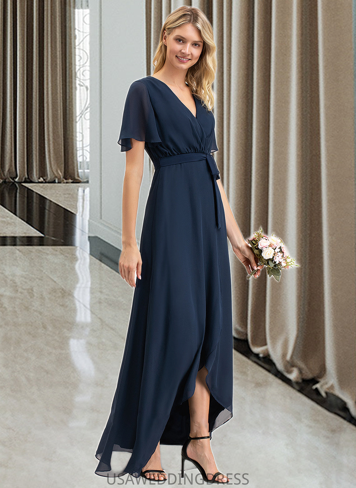 Silvia A-LineV-neckAsymmetricalChiffonBridesmaidDressWithBow(s)#251390 DSP0012846