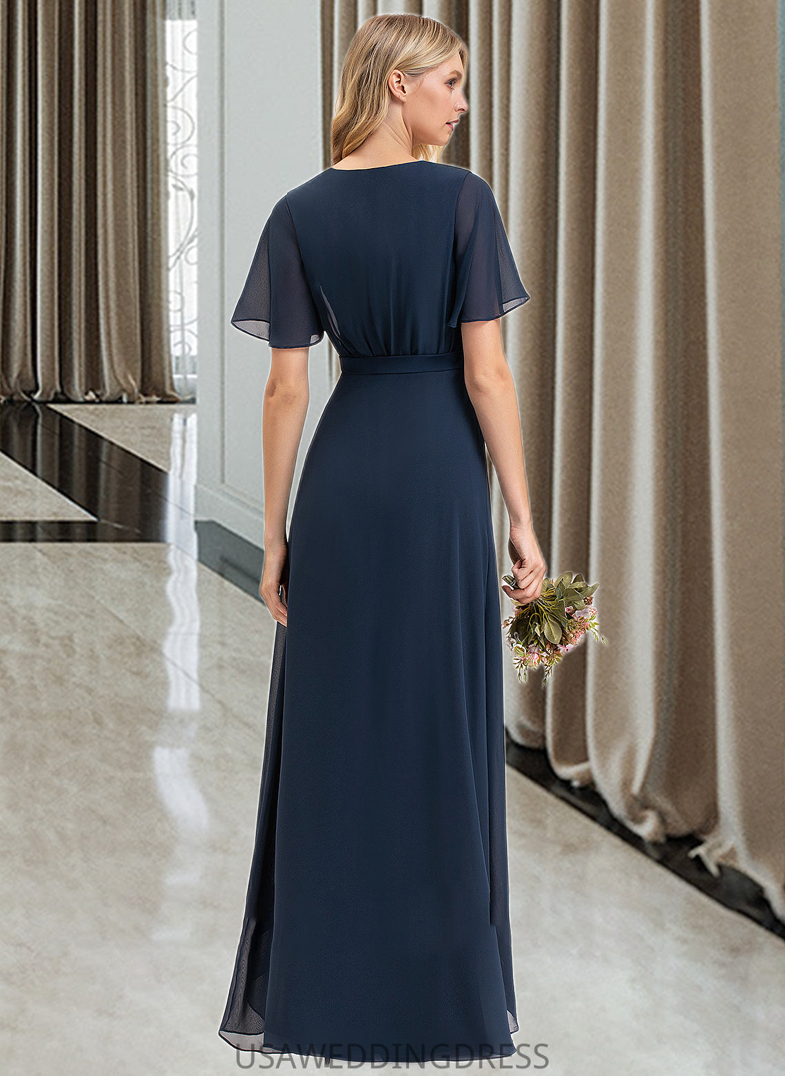 Silvia A-LineV-neckAsymmetricalChiffonBridesmaidDressWithBow(s)#251390 DSP0012846
