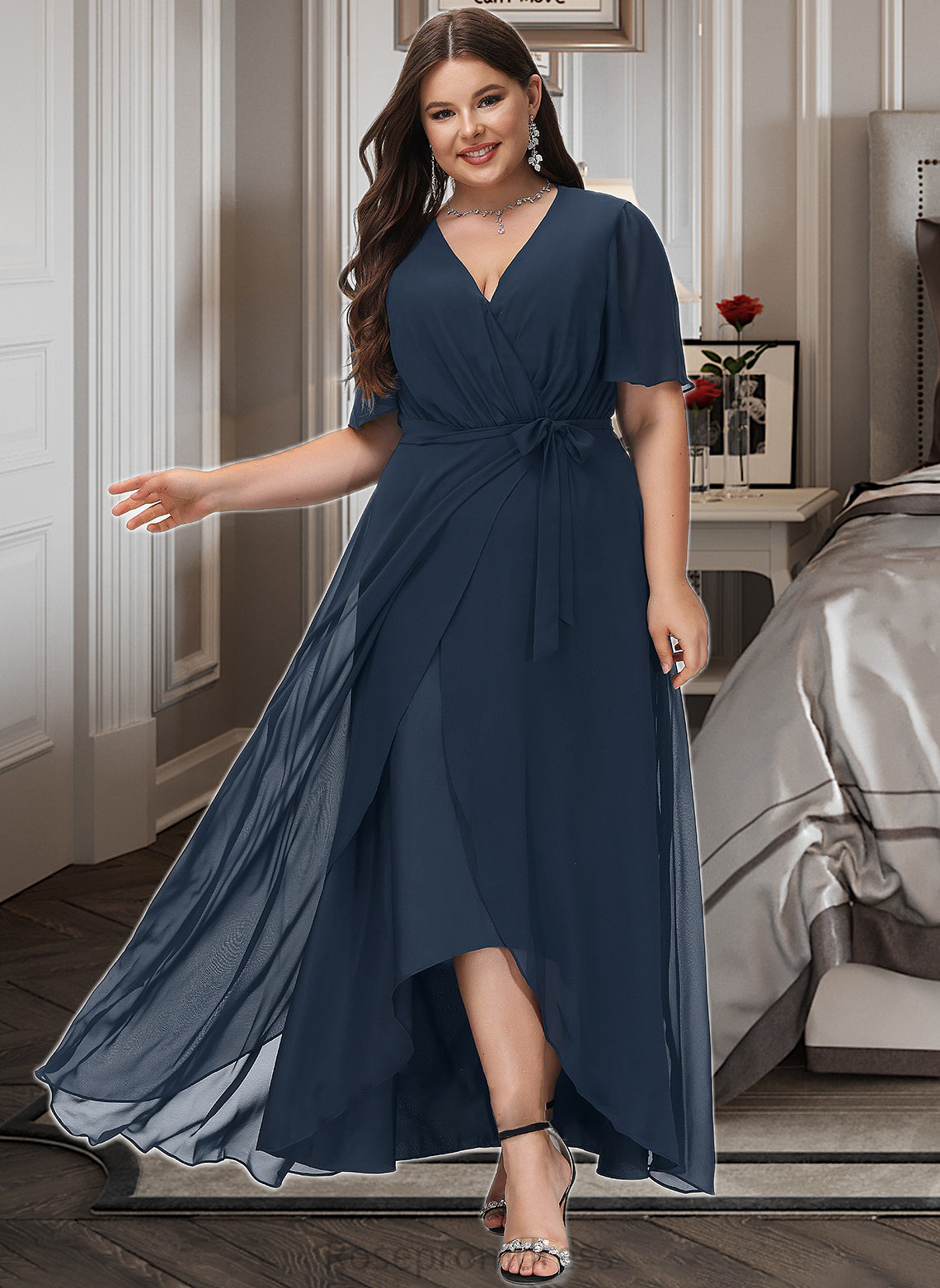 Giselle A-LineV-neckAsymmetricalChiffonBridesmaidDressWithBow(s)#251390 SRSP0012846