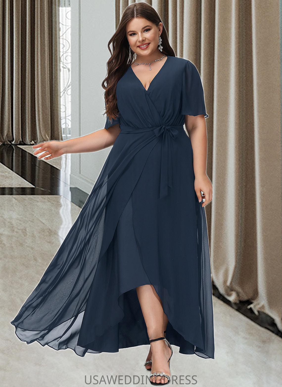 Silvia A-LineV-neckAsymmetricalChiffonBridesmaidDressWithBow(s)#251390 DSP0012846