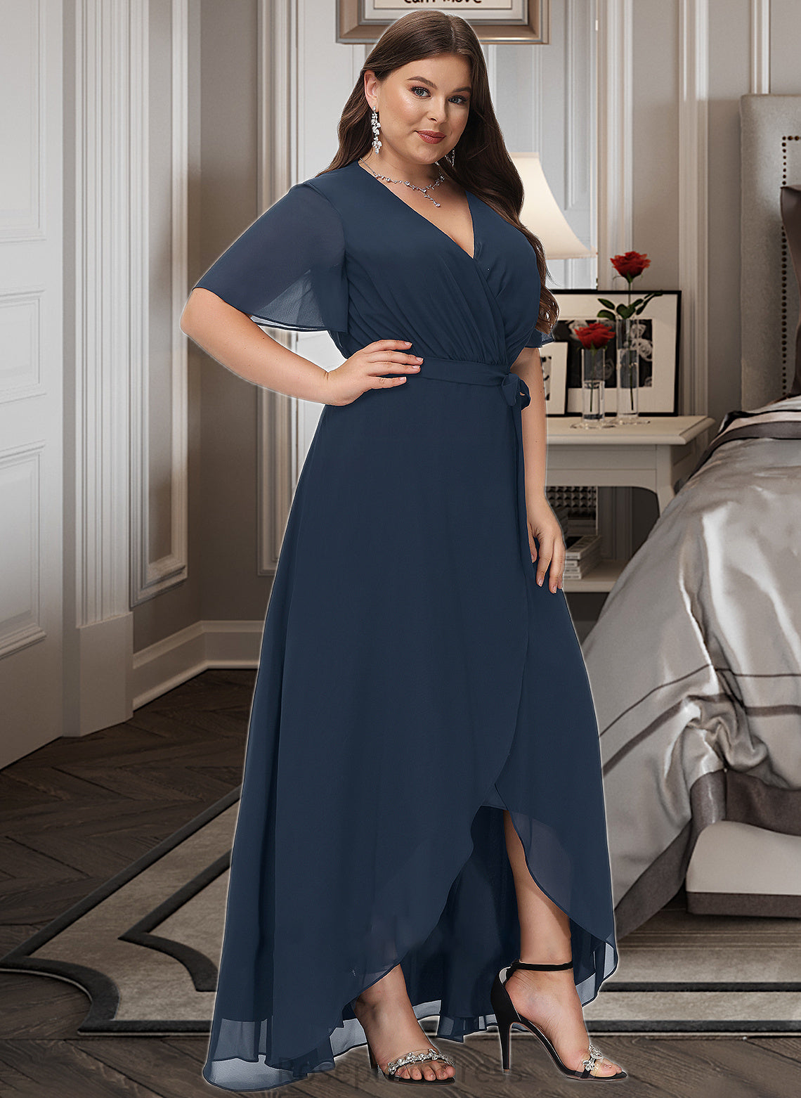 Giselle A-LineV-neckAsymmetricalChiffonBridesmaidDressWithBow(s)#251390 SRSP0012846