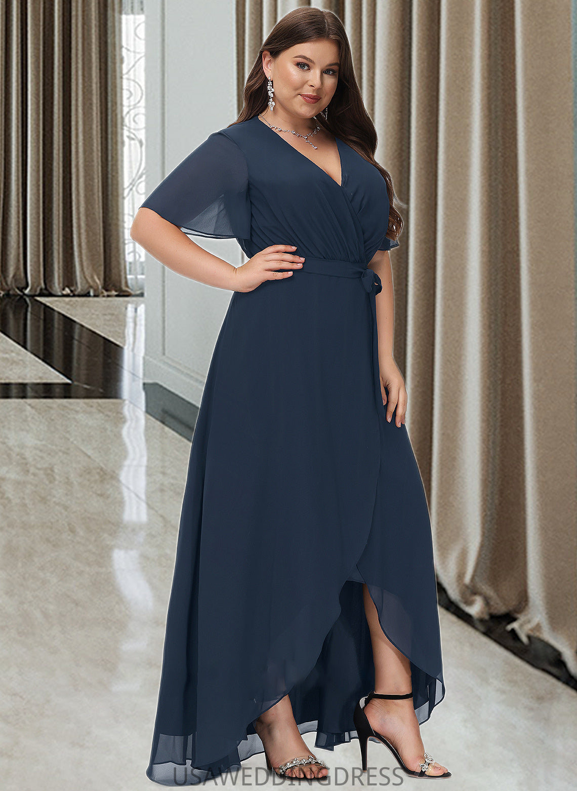 Silvia A-LineV-neckAsymmetricalChiffonBridesmaidDressWithBow(s)#251390 DSP0012846