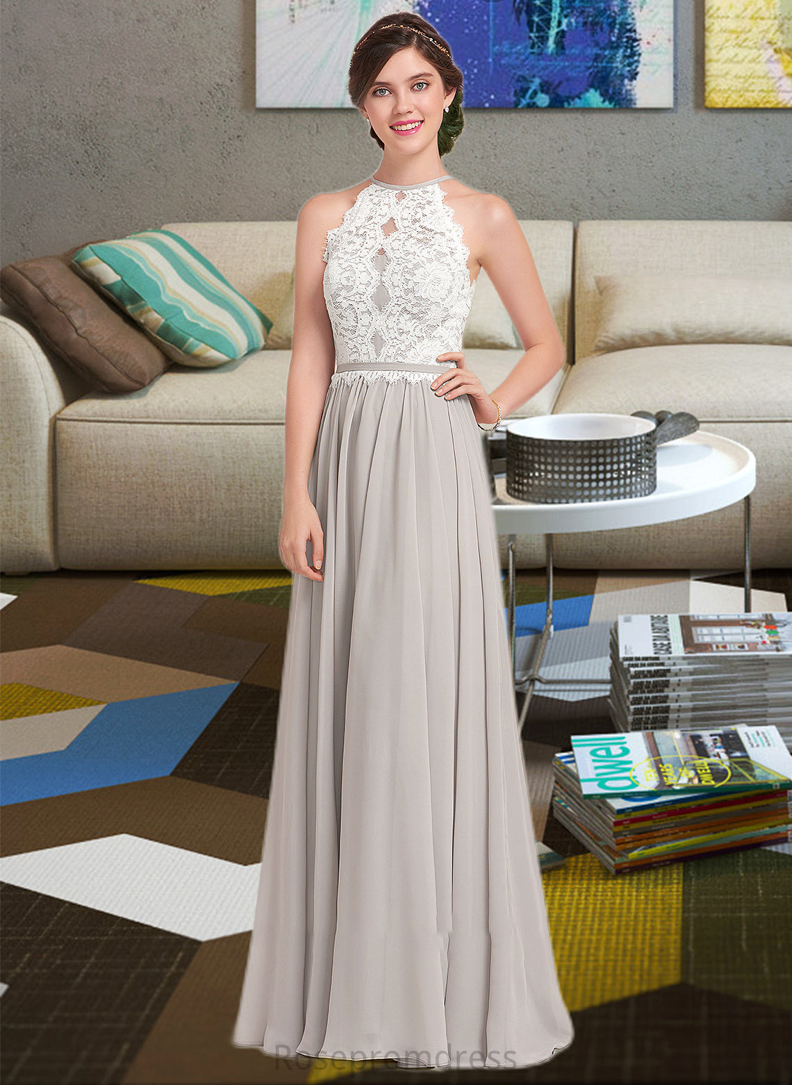 Kendal A-Line Scoop Neck Floor-Length Chiffon Lace Bridesmaid Dress SRSP0012848