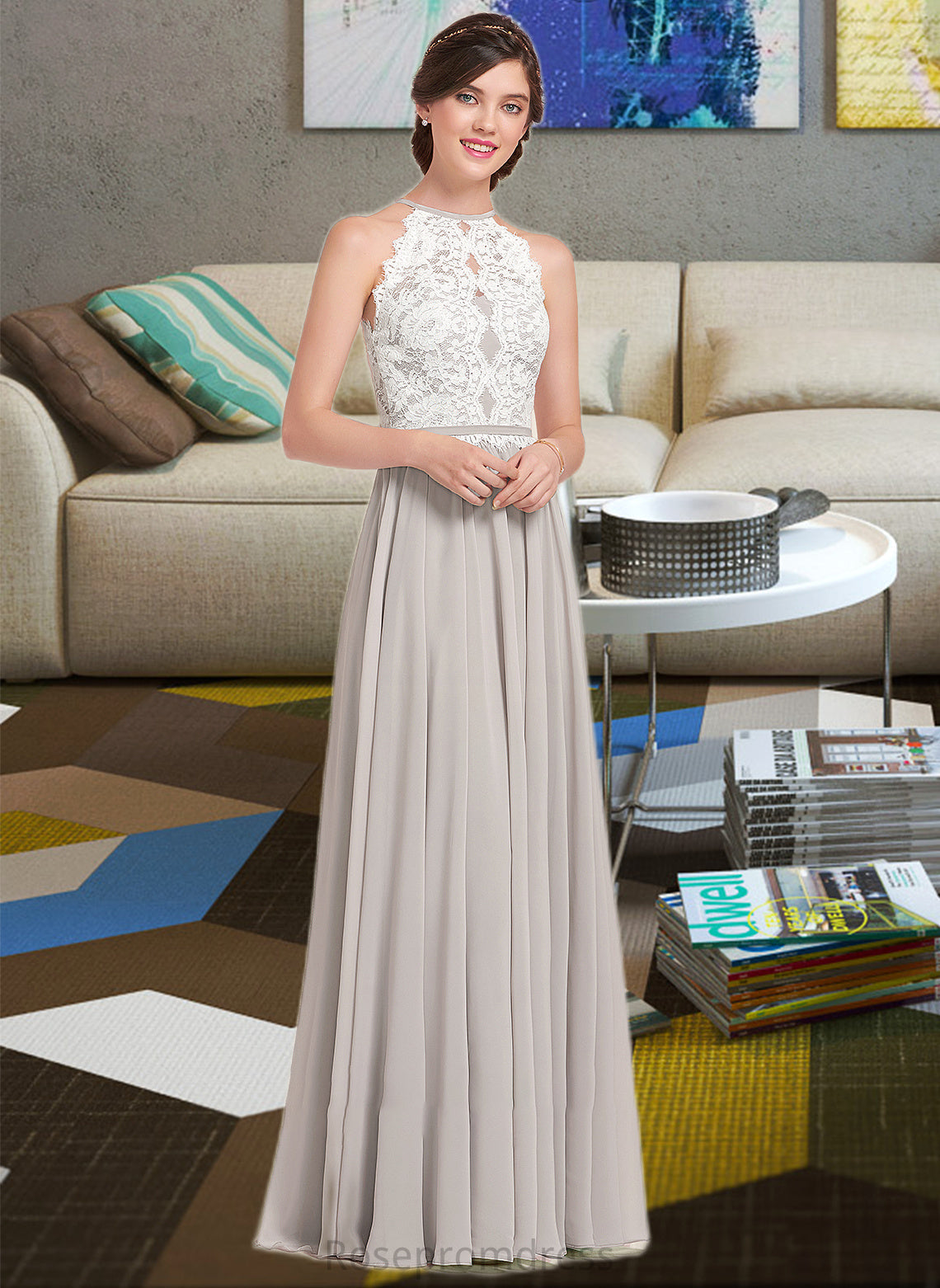 Kendal A-Line Scoop Neck Floor-Length Chiffon Lace Bridesmaid Dress SRSP0012848