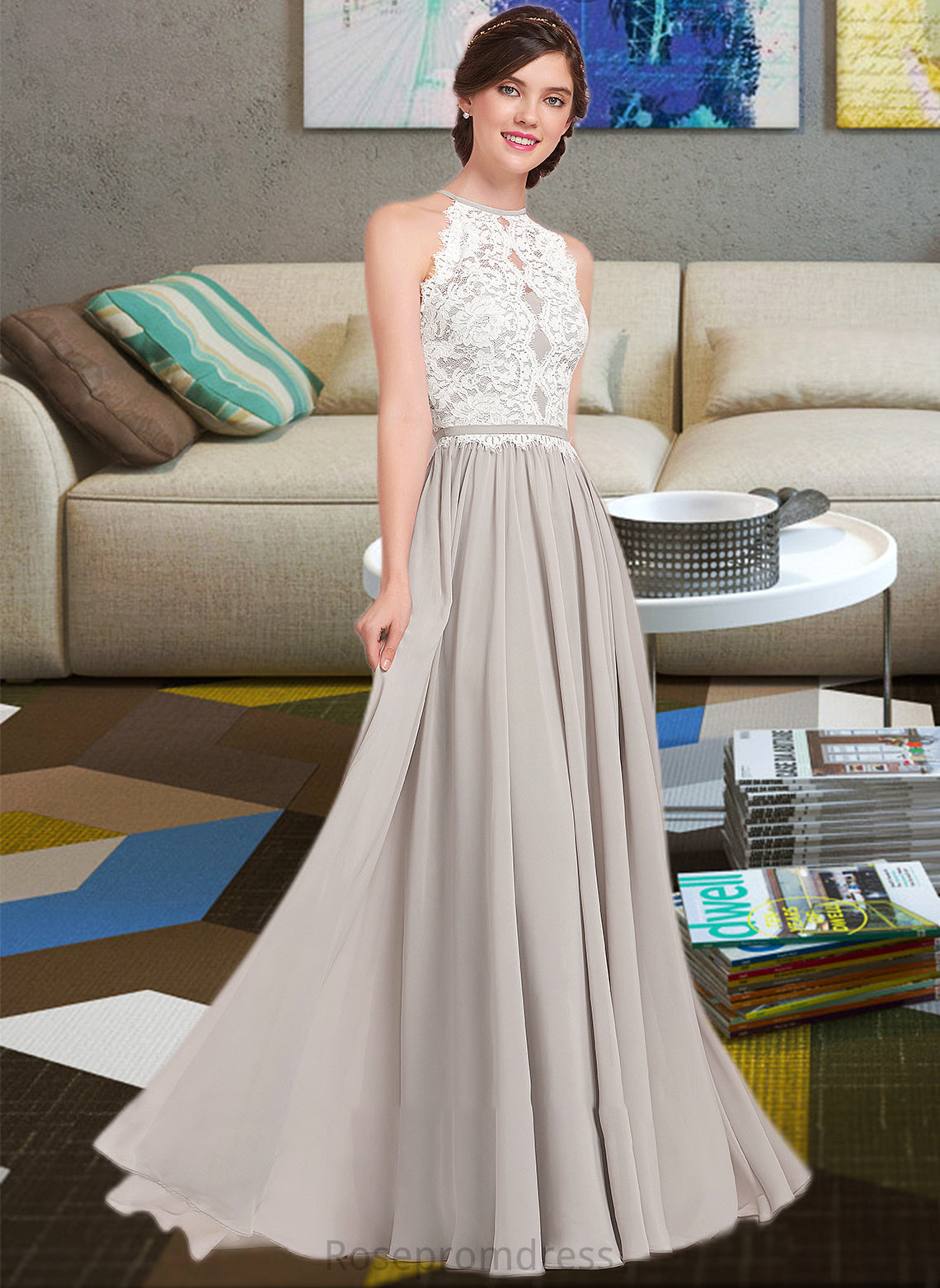 Kendal A-Line Scoop Neck Floor-Length Chiffon Lace Bridesmaid Dress SRSP0012848