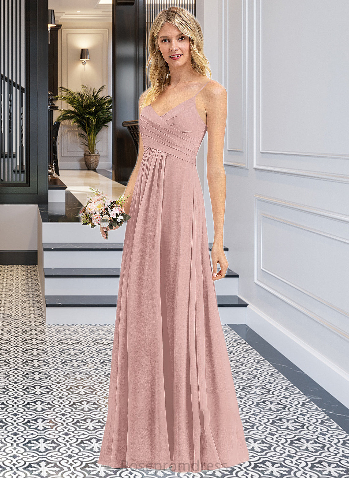 Jasmin A-LineV-neckFloor-LengthChiffonBridesmaidDressWithRuffle#251358 SRSP0012849