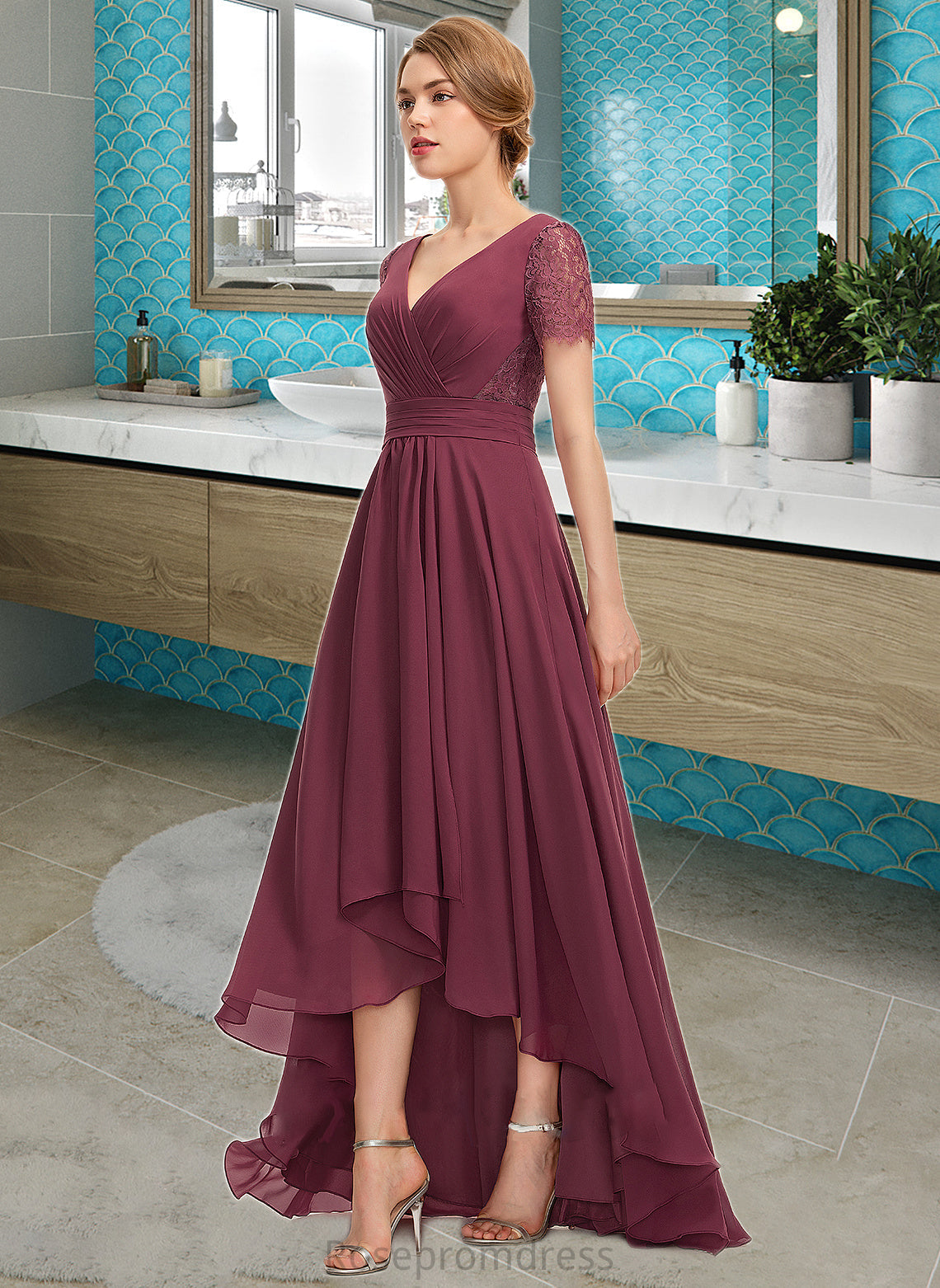 Scarlet A-Line V-neck Asymmetrical Chiffon Lace Bridesmaid Dress With Ruffle SRSP0012850