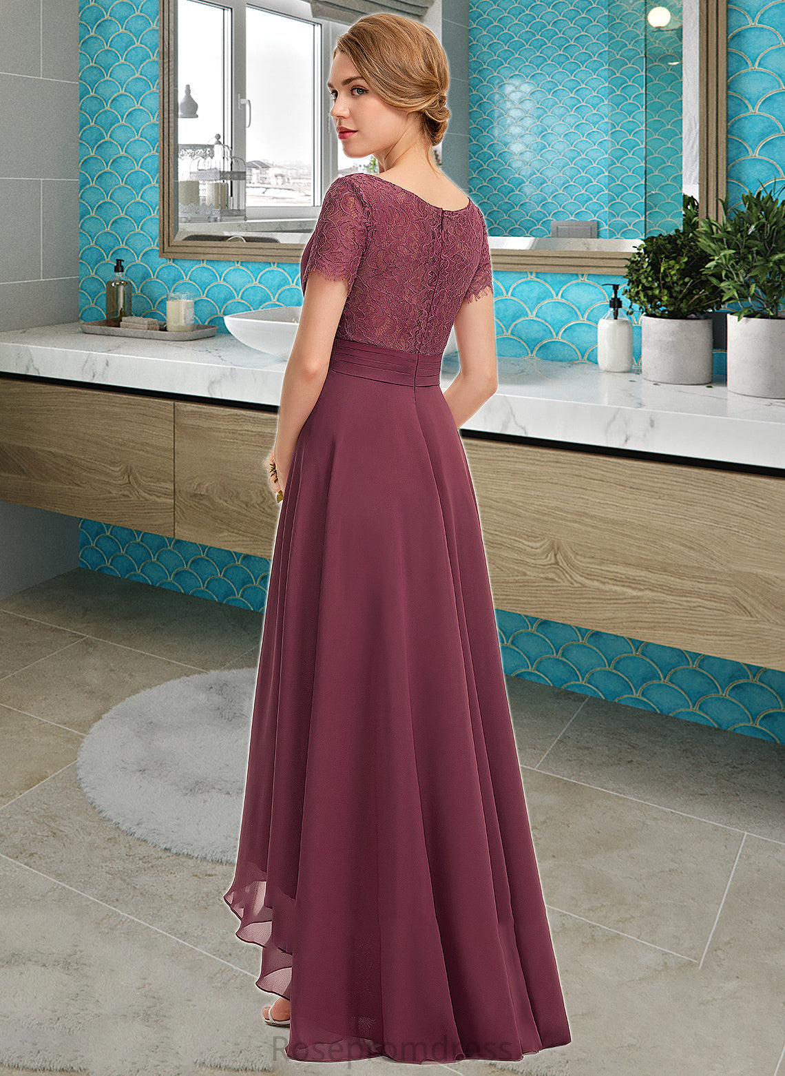 Scarlet A-Line V-neck Asymmetrical Chiffon Lace Bridesmaid Dress With Ruffle SRSP0012850