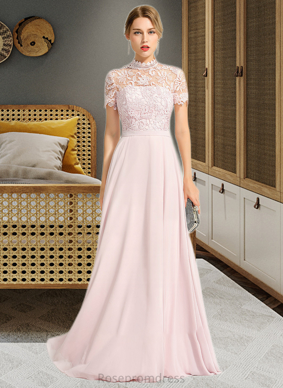 Madyson A-Line High Neck Floor-Length Chiffon Bridesmaid Dress With Sequins SRSP0012852
