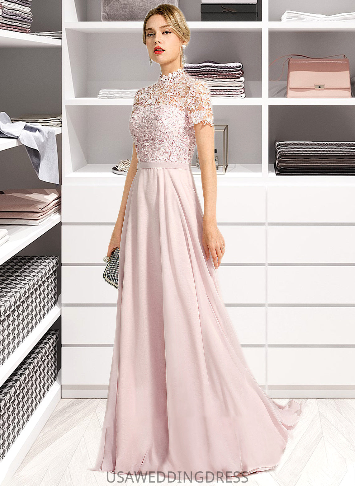 Sheila A-Line High Neck Floor-Length Chiffon Bridesmaid Dress With Sequins DSP0012852