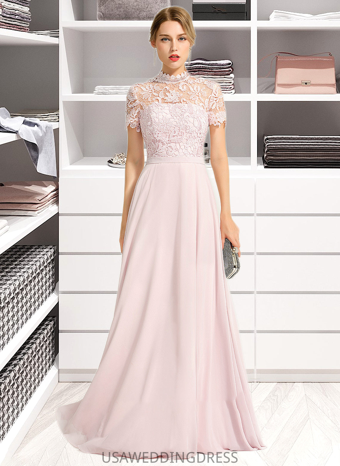 Sheila A-Line High Neck Floor-Length Chiffon Bridesmaid Dress With Sequins DSP0012852