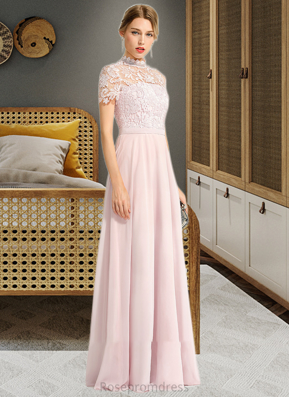 Madyson A-Line High Neck Floor-Length Chiffon Bridesmaid Dress With Sequins SRSP0012852