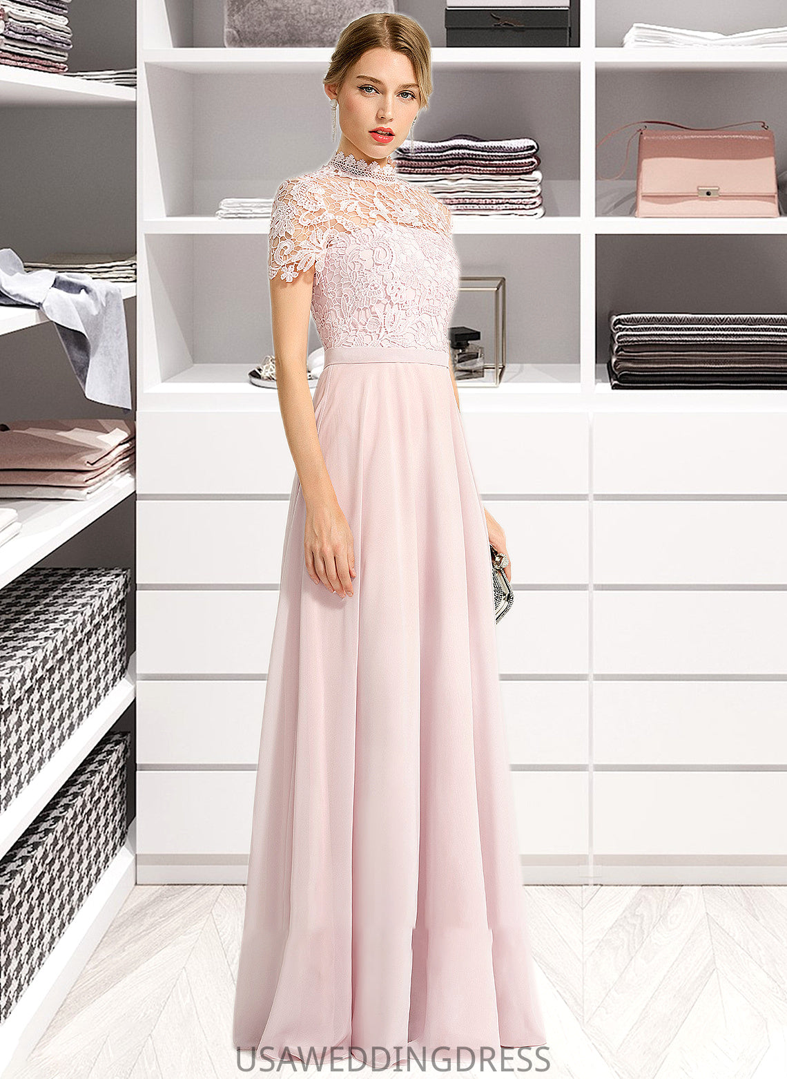 Sheila A-Line High Neck Floor-Length Chiffon Bridesmaid Dress With Sequins DSP0012852