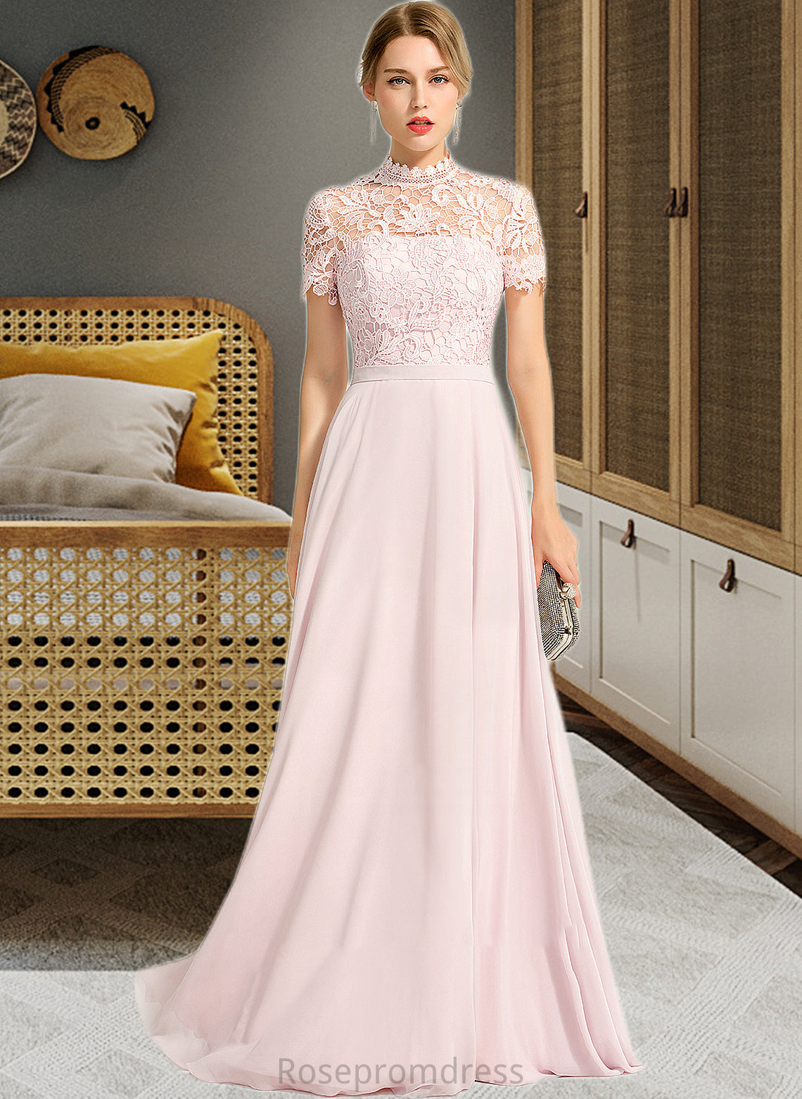 Madyson A-Line High Neck Floor-Length Chiffon Bridesmaid Dress With Sequins SRSP0012852