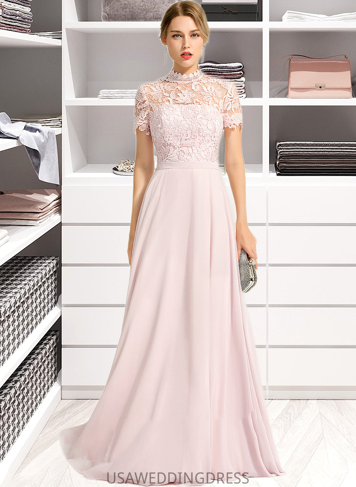 Sheila A-Line High Neck Floor-Length Chiffon Bridesmaid Dress With Sequins DSP0012852