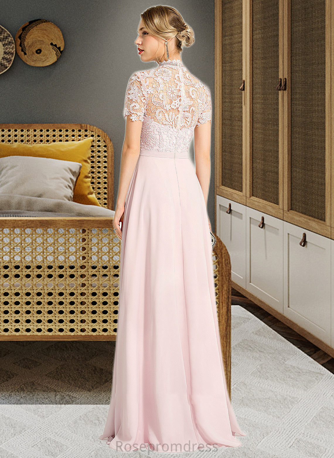 Madyson A-Line High Neck Floor-Length Chiffon Bridesmaid Dress With Sequins SRSP0012852