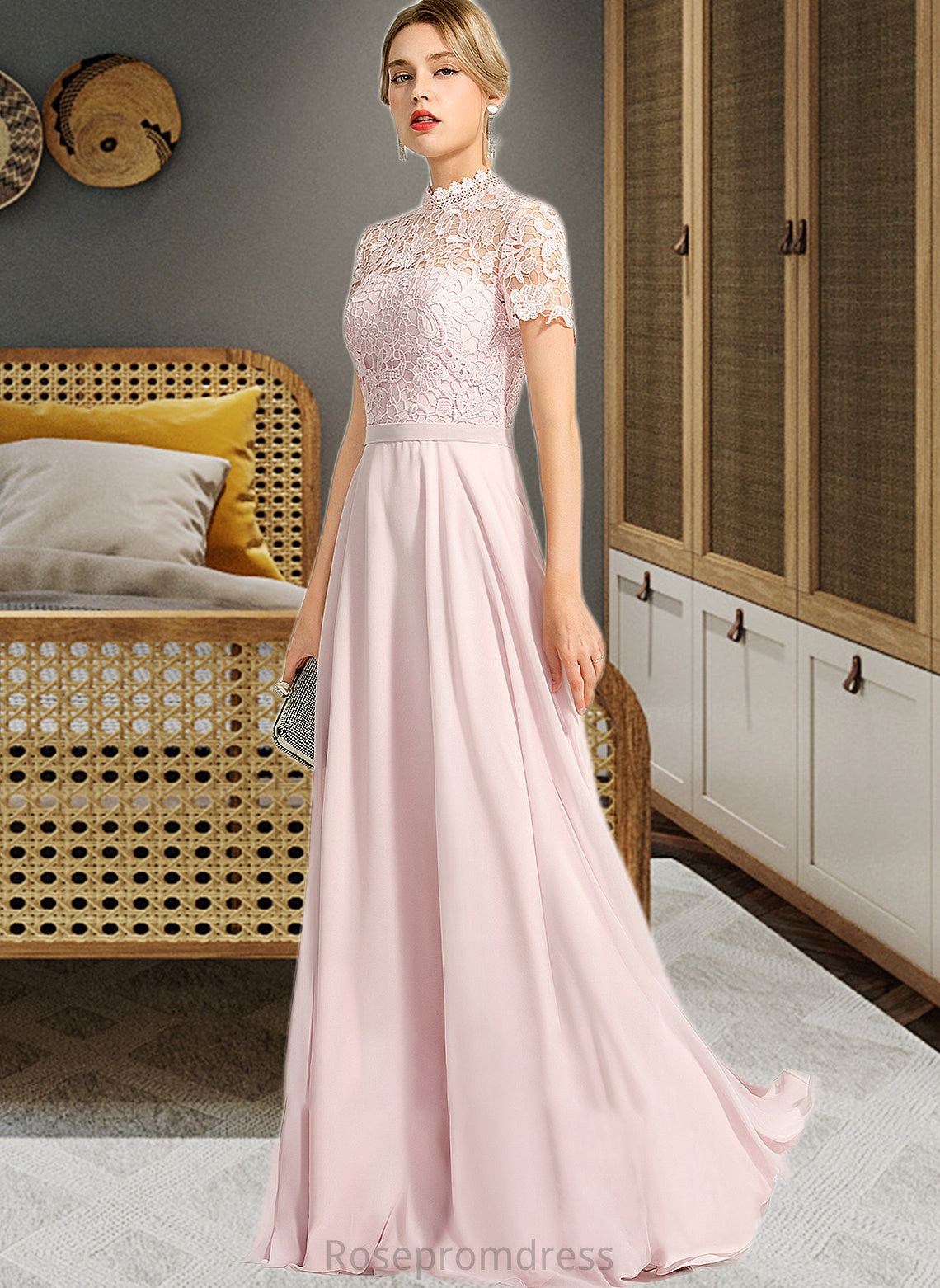 Madyson A-Line High Neck Floor-Length Chiffon Bridesmaid Dress With Sequins SRSP0012852