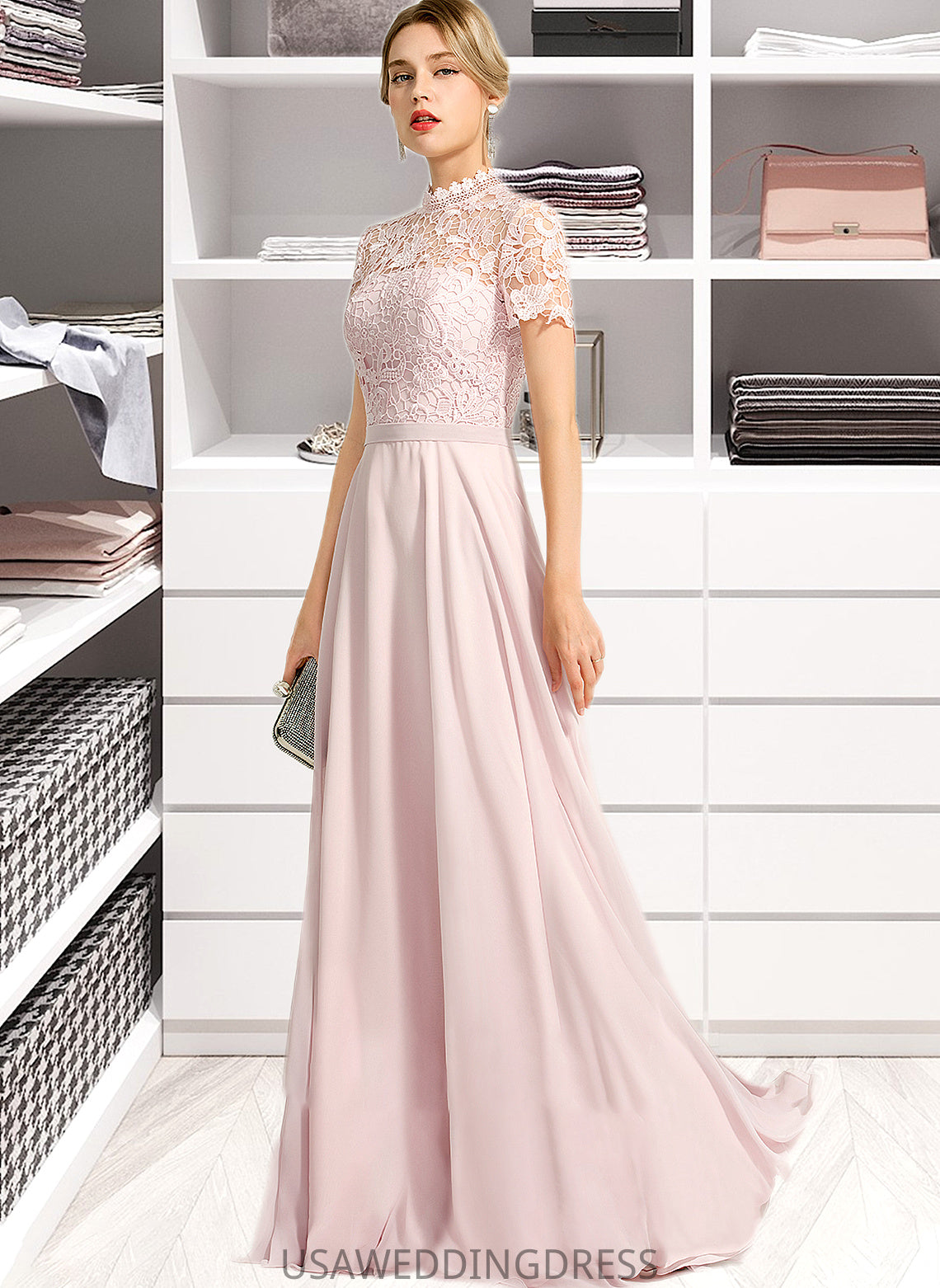 Sheila A-Line High Neck Floor-Length Chiffon Bridesmaid Dress With Sequins DSP0012852
