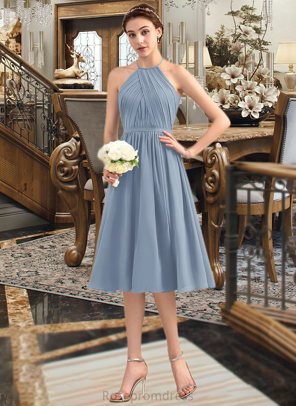Jolie A-Line Scoop Neck Knee-Length Chiffon Bridesmaid Dress With Ruffle SRSP0012853