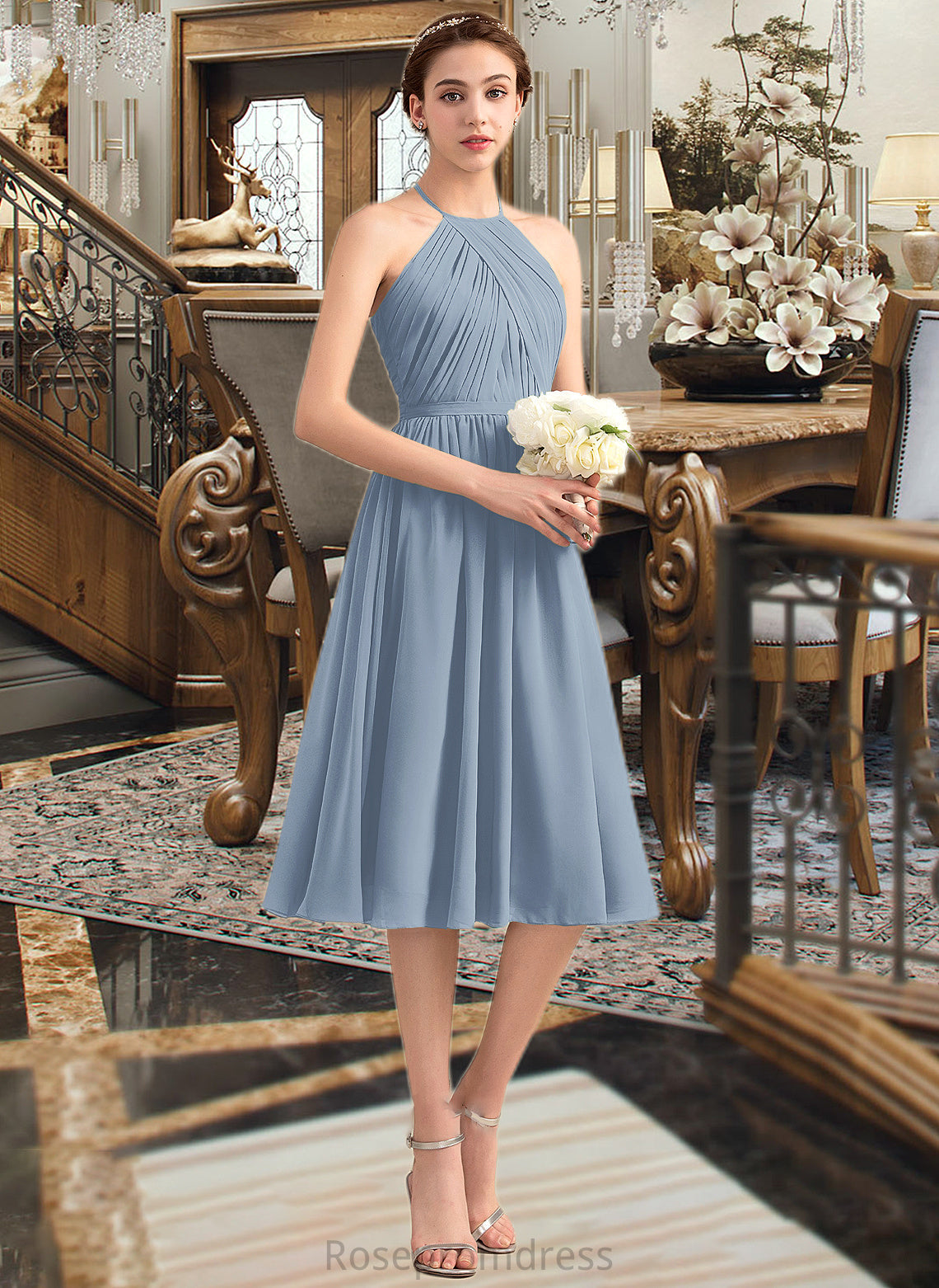 Jolie A-Line Scoop Neck Knee-Length Chiffon Bridesmaid Dress With Ruffle SRSP0012853