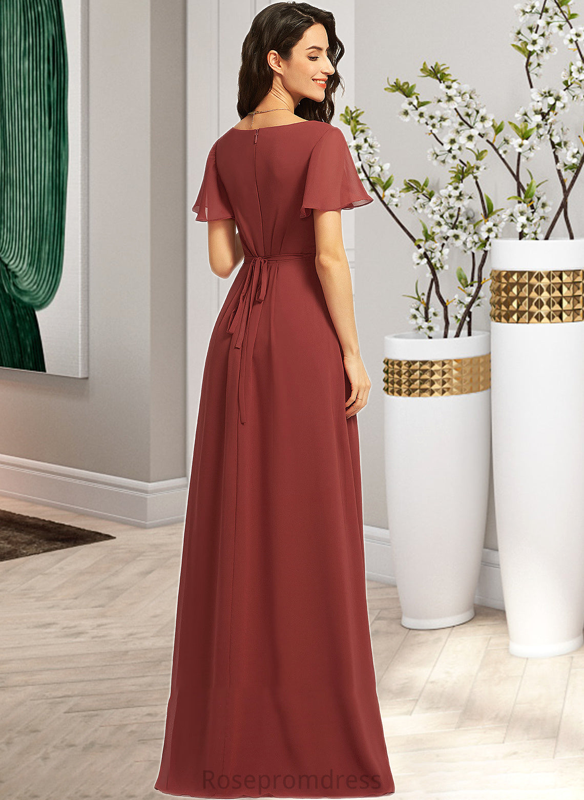 Louisa A-Line V-neck Floor-Length Bridesmaid Dress With Split Front SRSP0012856