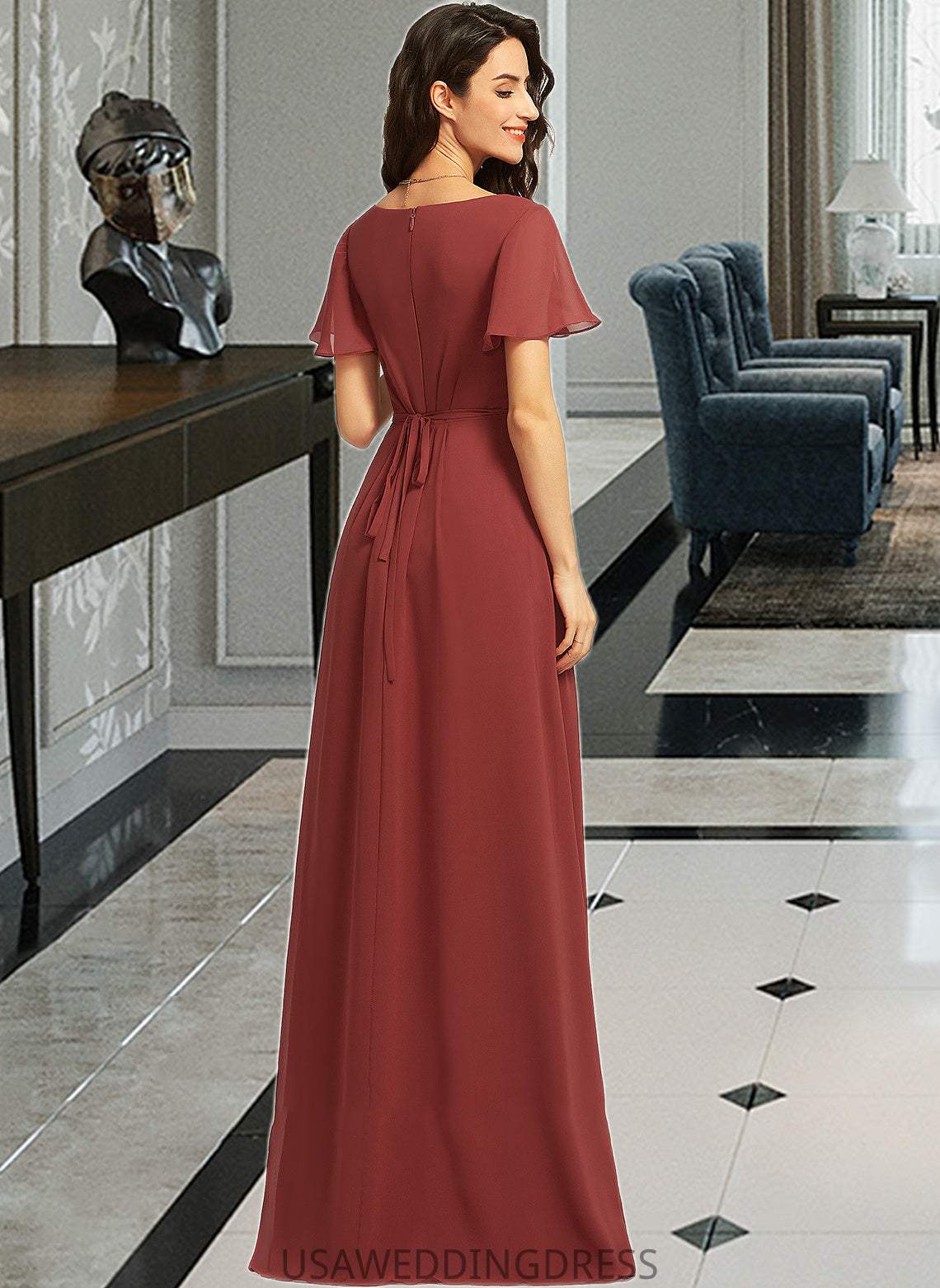 Paulina A-Line V-neck Floor-Length Bridesmaid Dress With Split Front DSP0012856