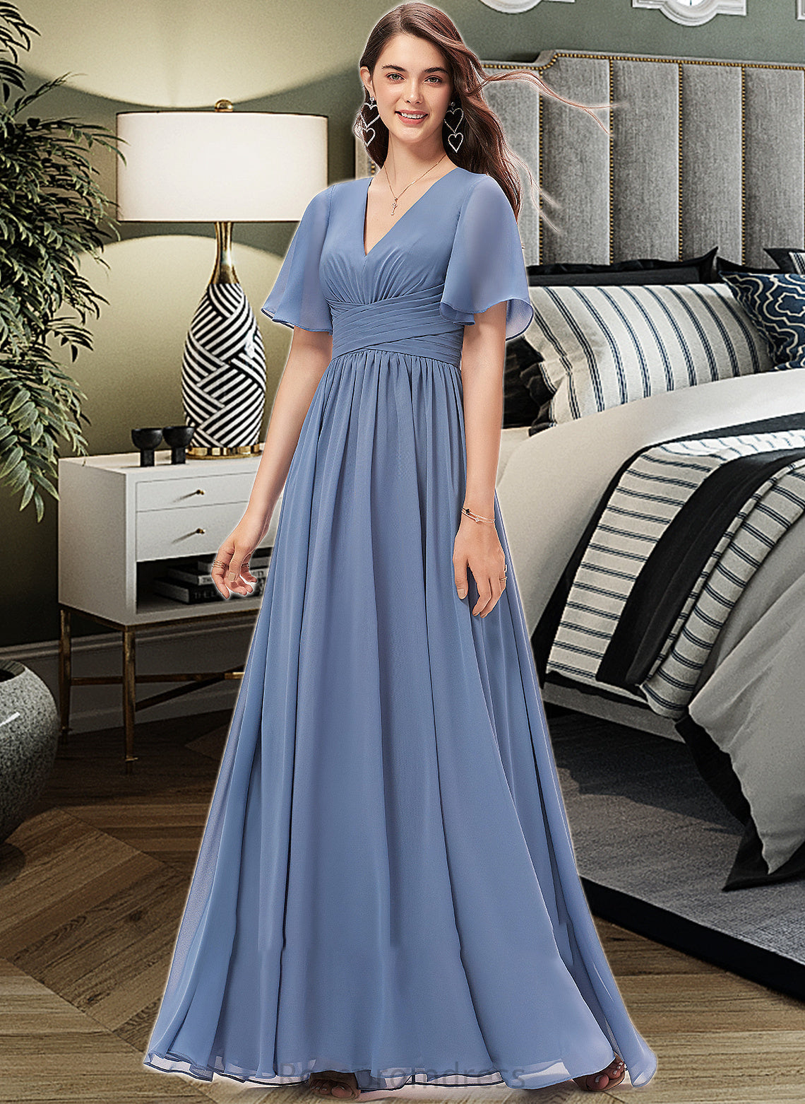 Ava A-line V-Neck Floor-Length Chiffon Bridesmaid Dress With Ruffle SRSP0012857