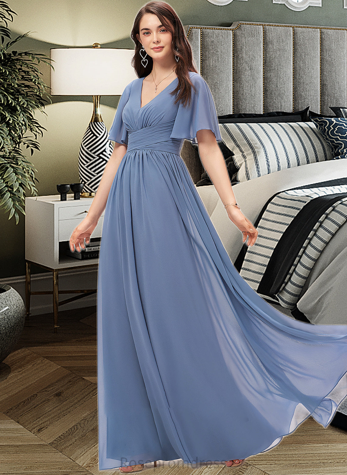 Ava A-line V-Neck Floor-Length Chiffon Bridesmaid Dress With Ruffle SRSP0012857