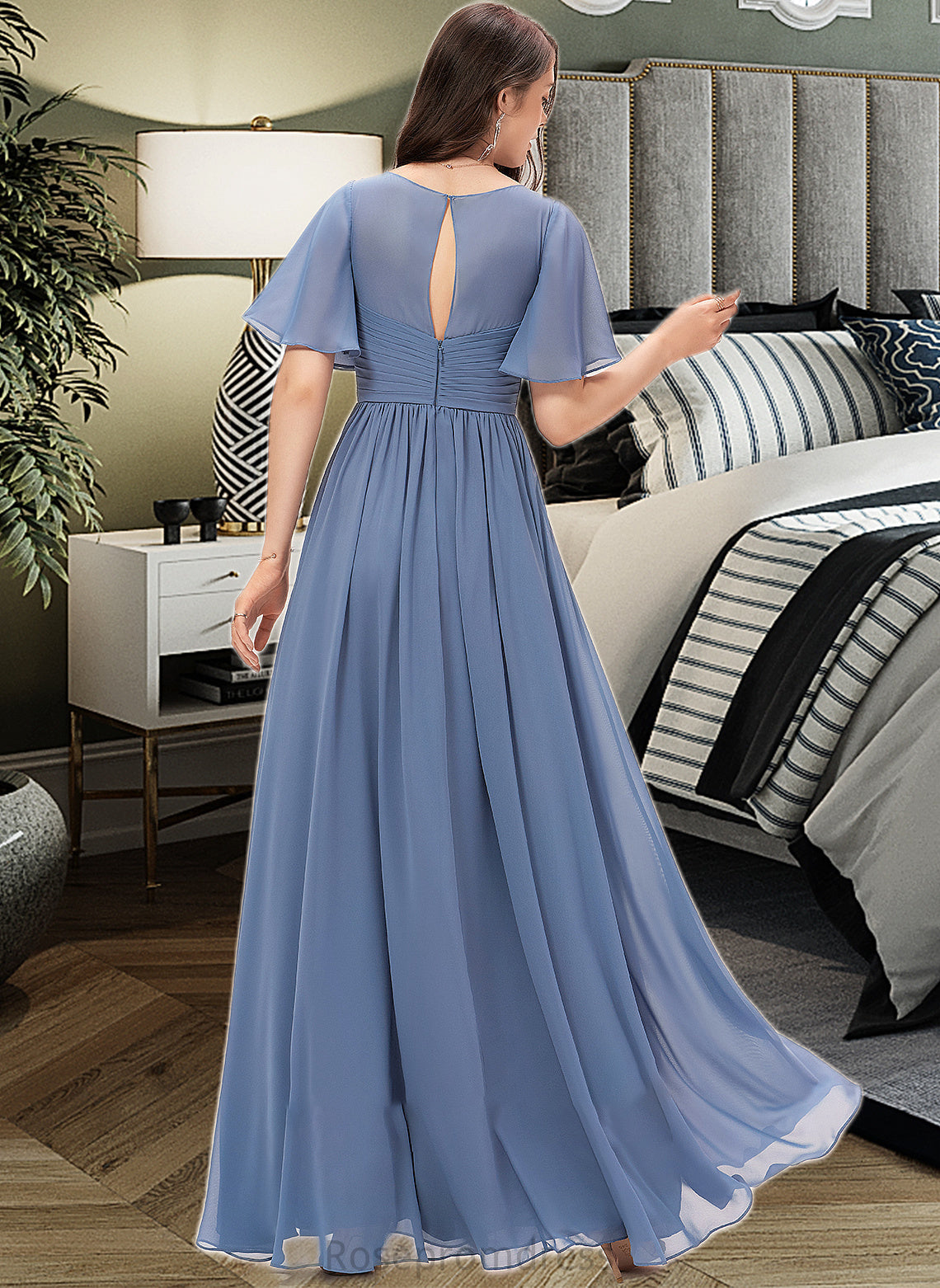 Ava A-line V-Neck Floor-Length Chiffon Bridesmaid Dress With Ruffle SRSP0012857