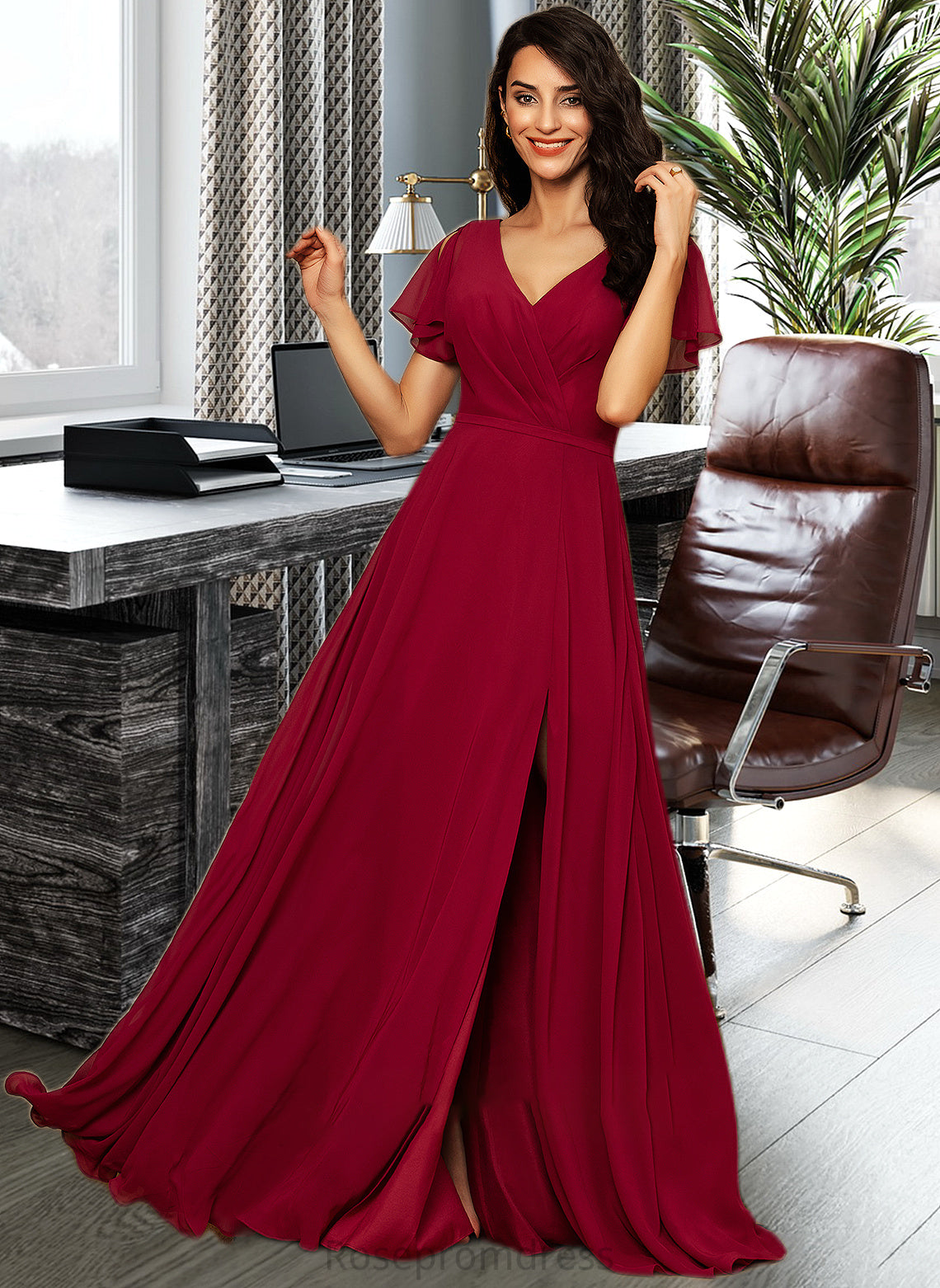 Kyla A-line V-Neck Floor-Length Chiffon Bridesmaid Dress SRSP0012858