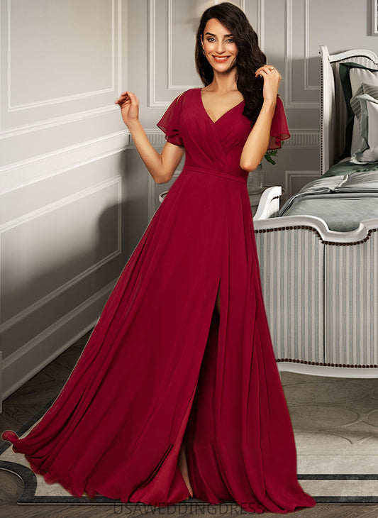 Lesley A-line V-Neck Floor-Length Chiffon Bridesmaid Dress DSP0012858