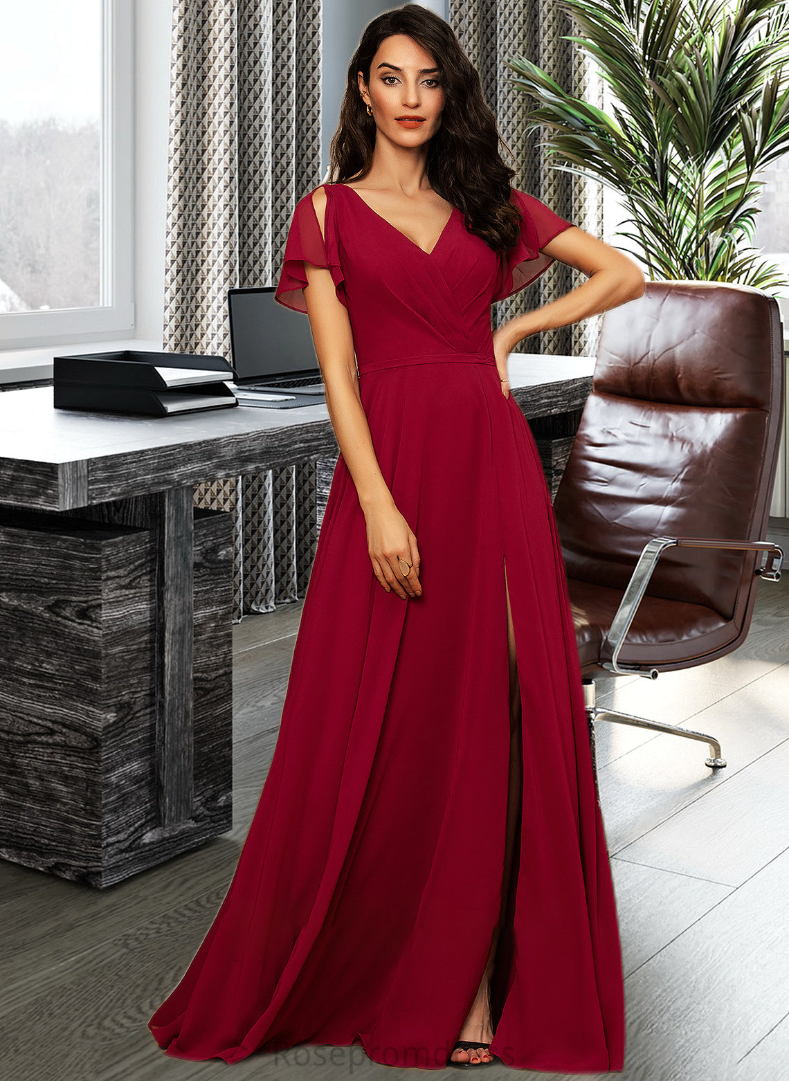 Kyla A-line V-Neck Floor-Length Chiffon Bridesmaid Dress SRSP0012858