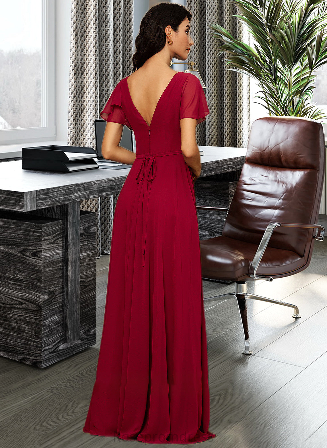 Kyla A-line V-Neck Floor-Length Chiffon Bridesmaid Dress SRSP0012858