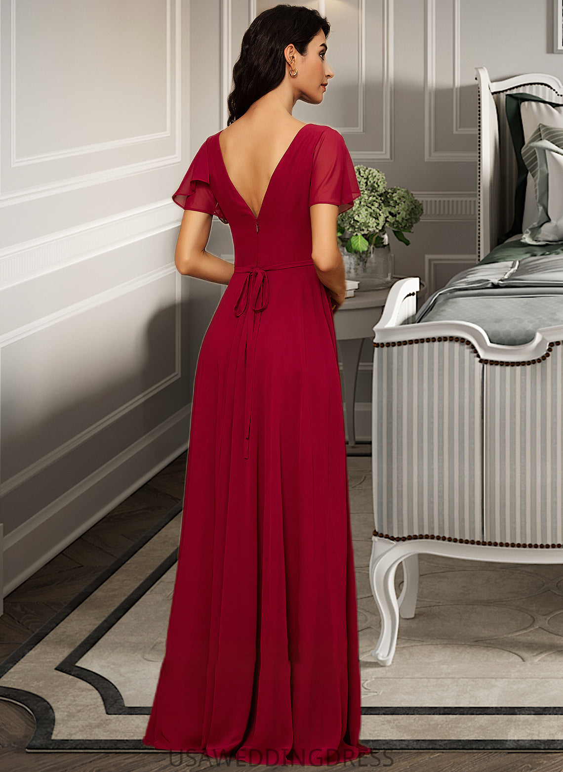 Lesley A-line V-Neck Floor-Length Chiffon Bridesmaid Dress DSP0012858