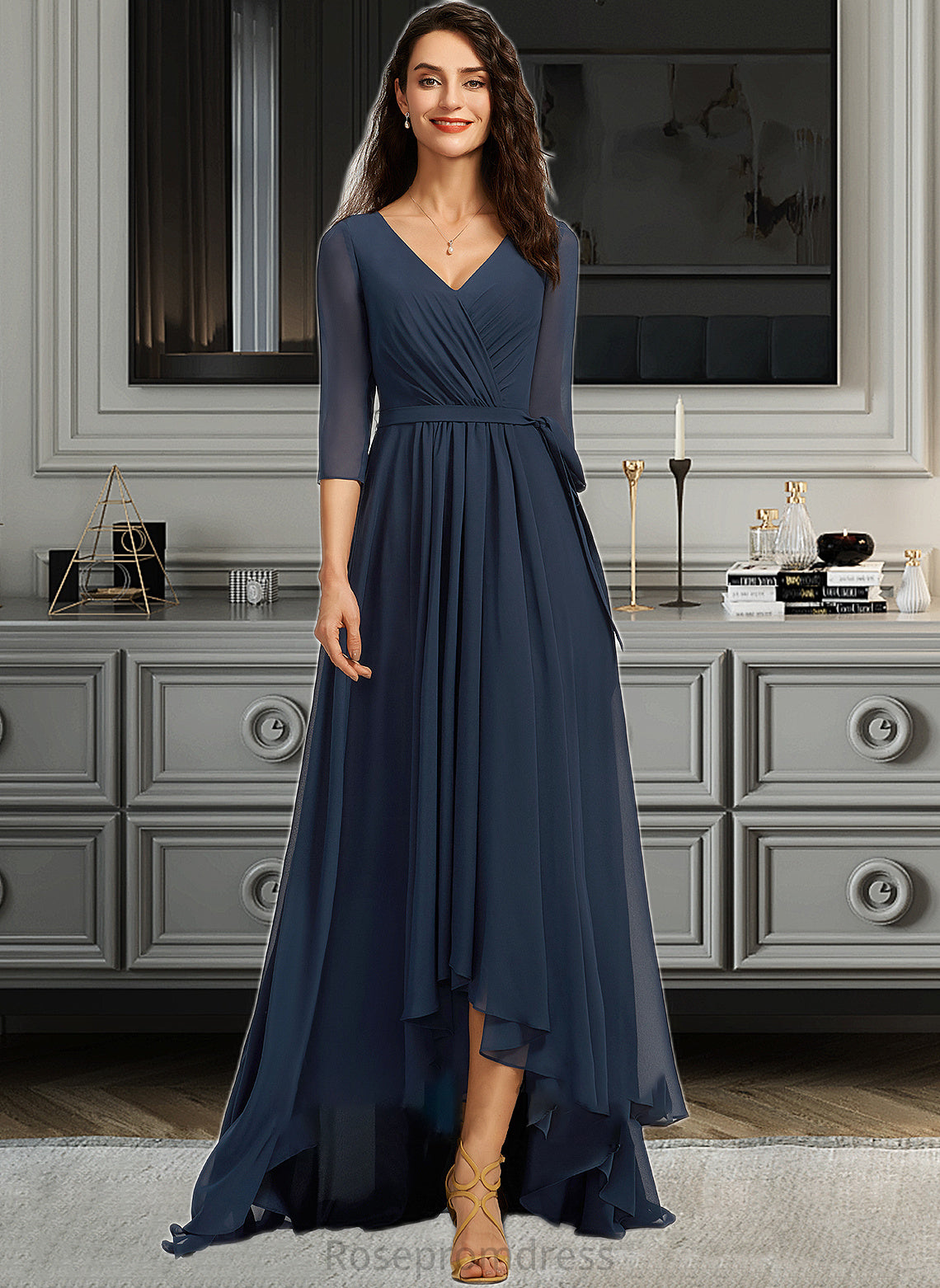 Karen A-Line V-neck Asymmetrical Bridesmaid Dress With Pleated SRSP0012859