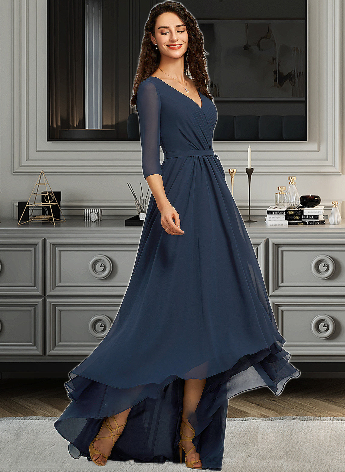 Karen A-Line V-neck Asymmetrical Bridesmaid Dress With Pleated SRSP0012859