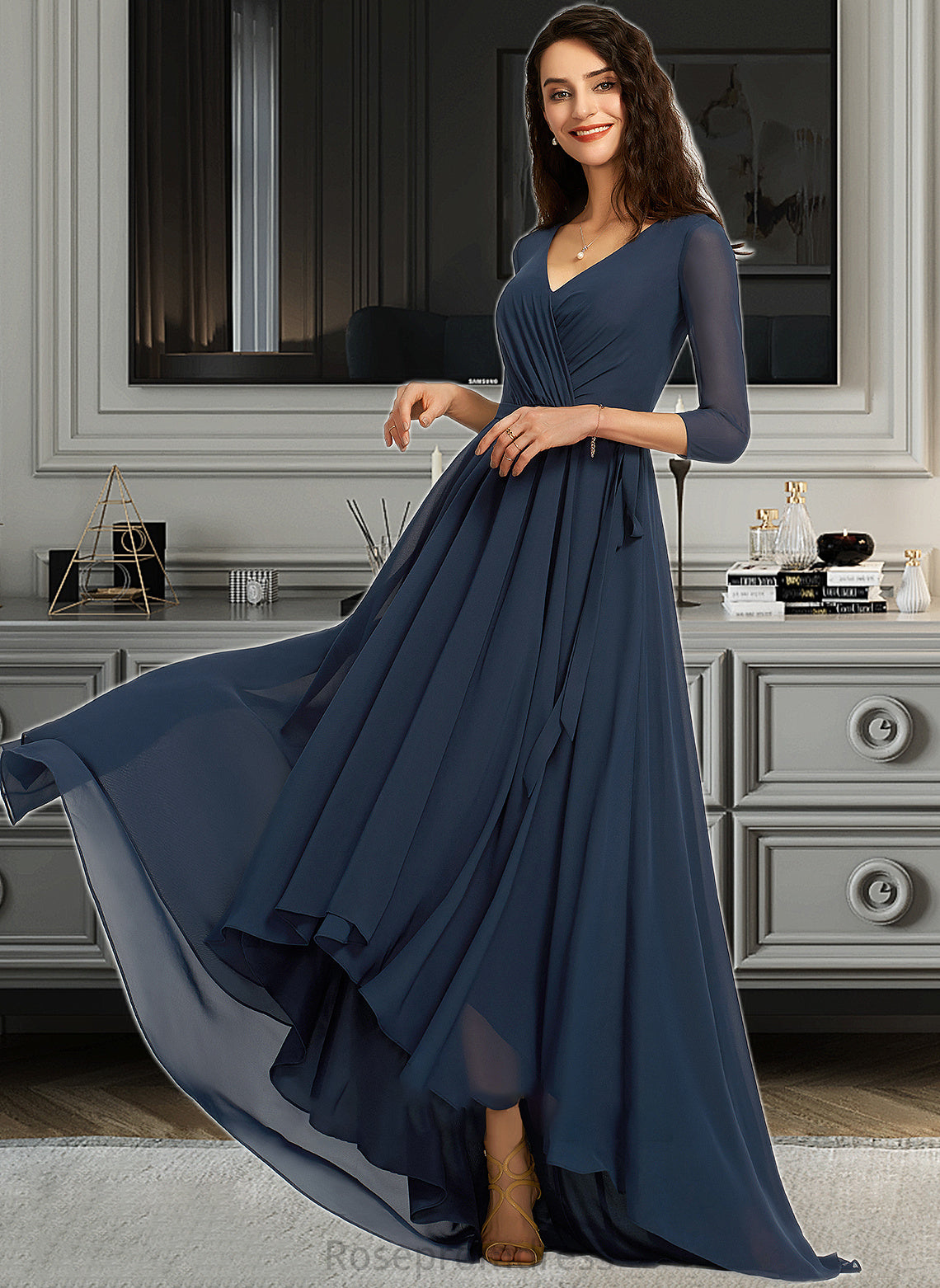 Karen A-Line V-neck Asymmetrical Bridesmaid Dress With Pleated SRSP0012859