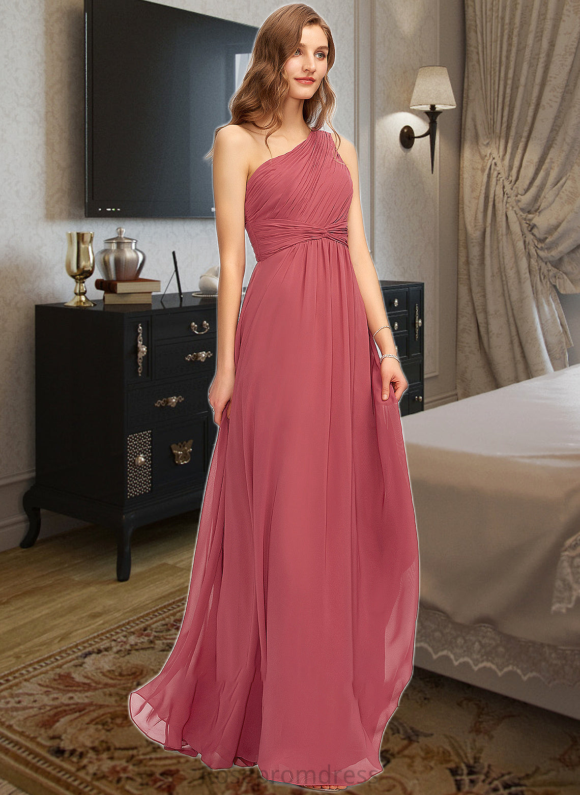 Marian A-line One Shoulder Floor-Length Chiffon Bridesmaid Dress With Ruffle SRSP0012860