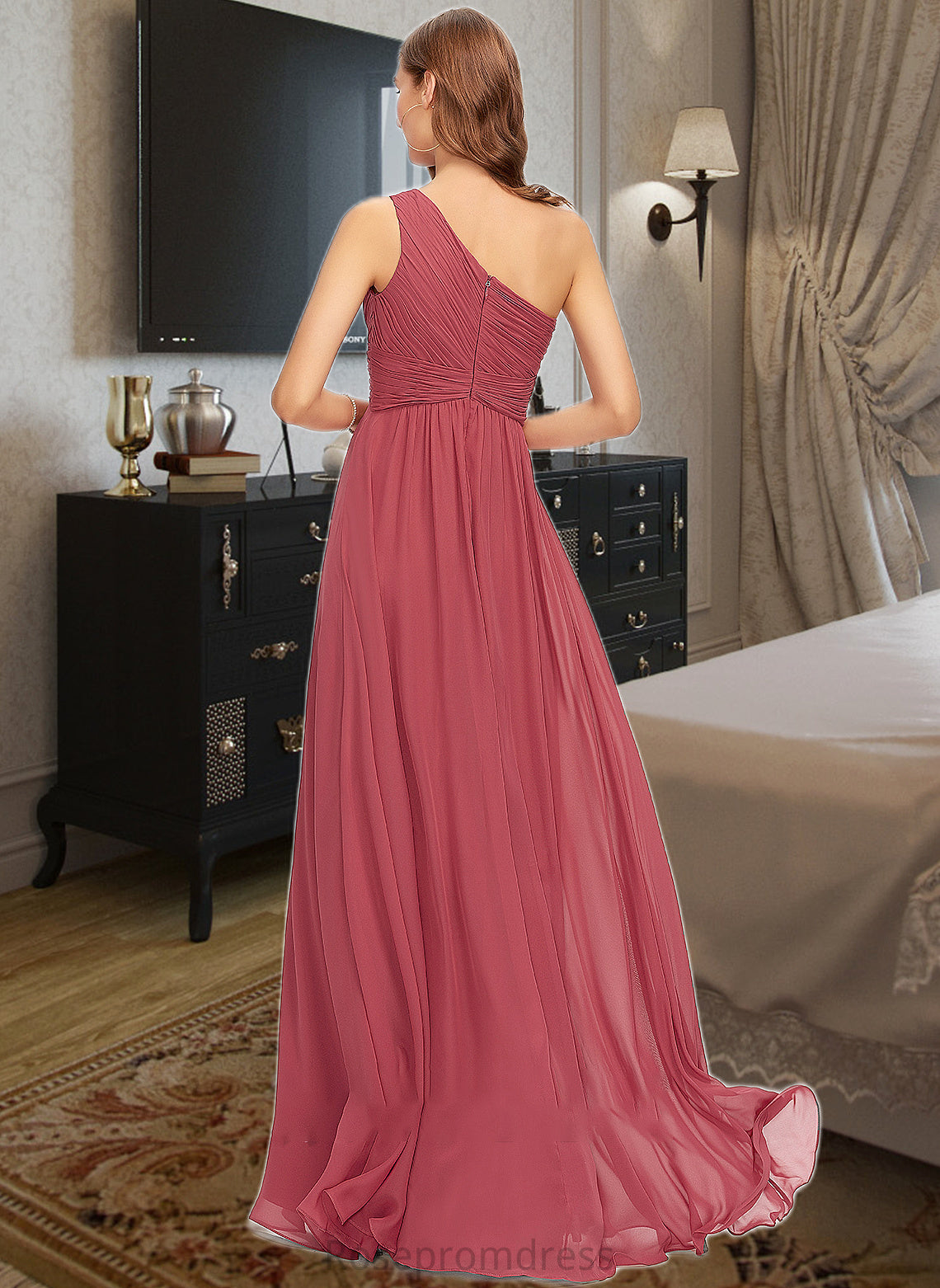 Marian A-line One Shoulder Floor-Length Chiffon Bridesmaid Dress With Ruffle SRSP0012860