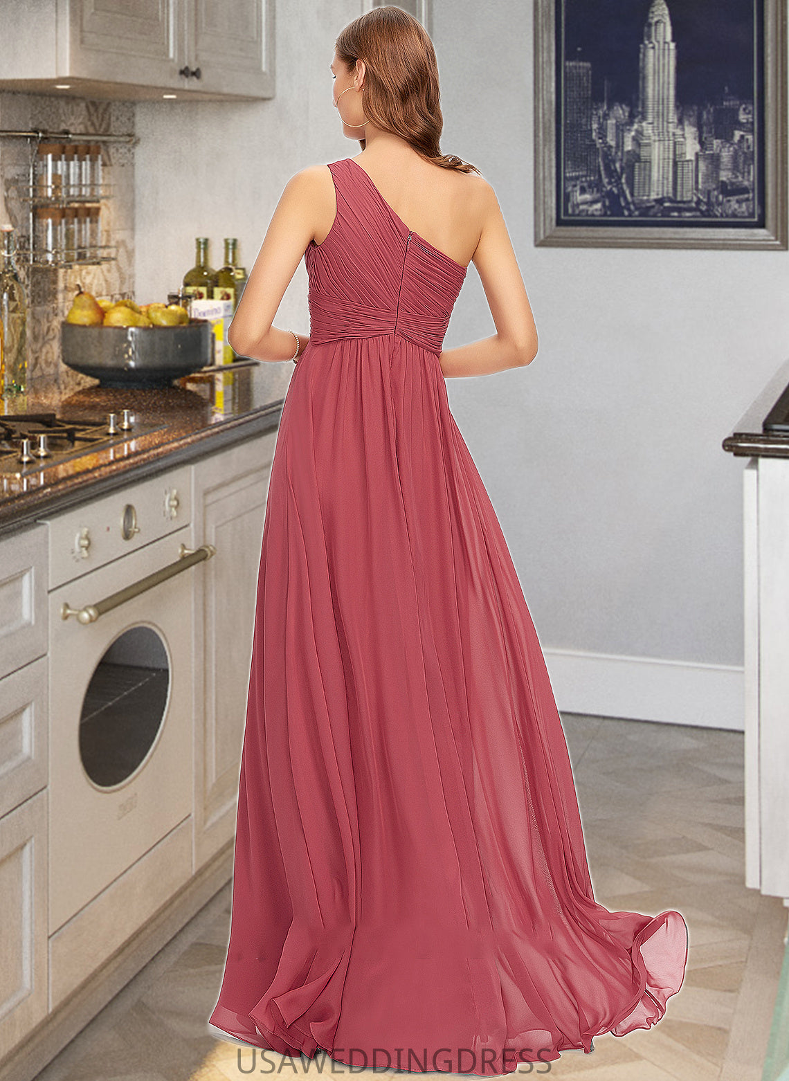Alyvia A-line One Shoulder Floor-Length Chiffon Bridesmaid Dress With Ruffle DSP0012860