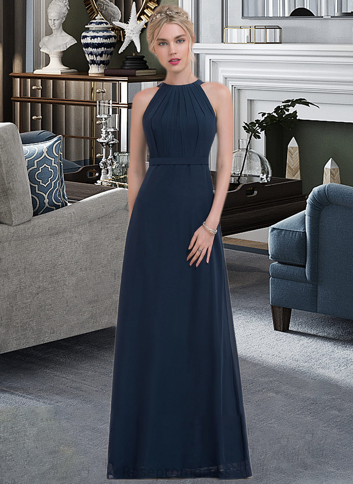 Scarlett A-Line Scoop Neck Floor-Length Chiffon Bridesmaid Dress With Ruffle SRSP0012861