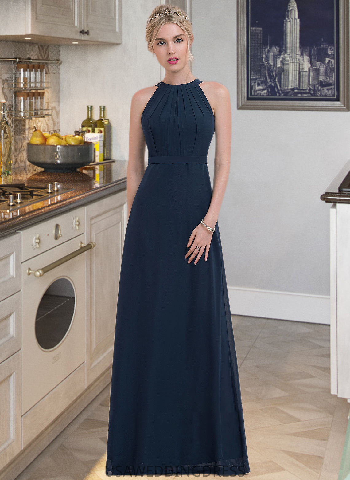 Melanie A-Line Scoop Neck Floor-Length Chiffon Bridesmaid Dress With Ruffle DSP0012861