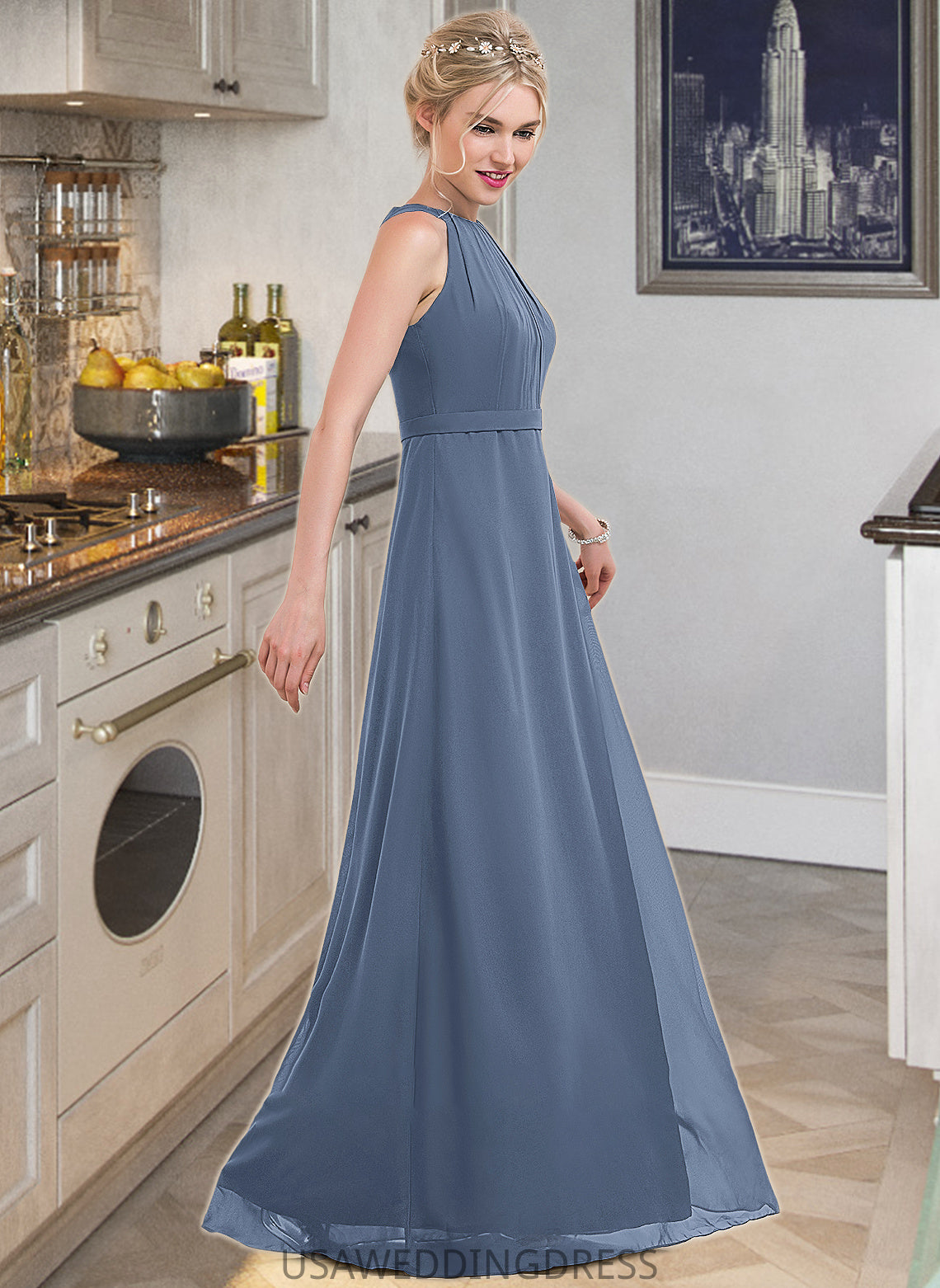 Melanie A-Line Scoop Neck Floor-Length Chiffon Bridesmaid Dress With Ruffle DSP0012861