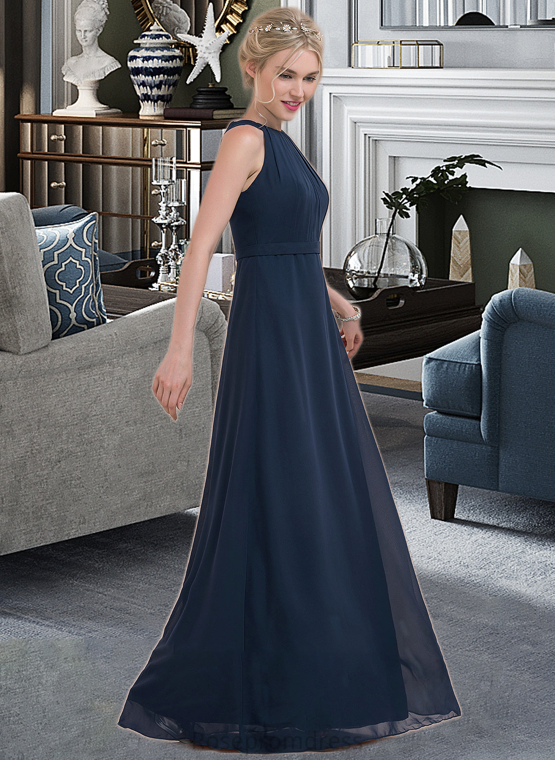 Scarlett A-Line Scoop Neck Floor-Length Chiffon Bridesmaid Dress With Ruffle SRSP0012861