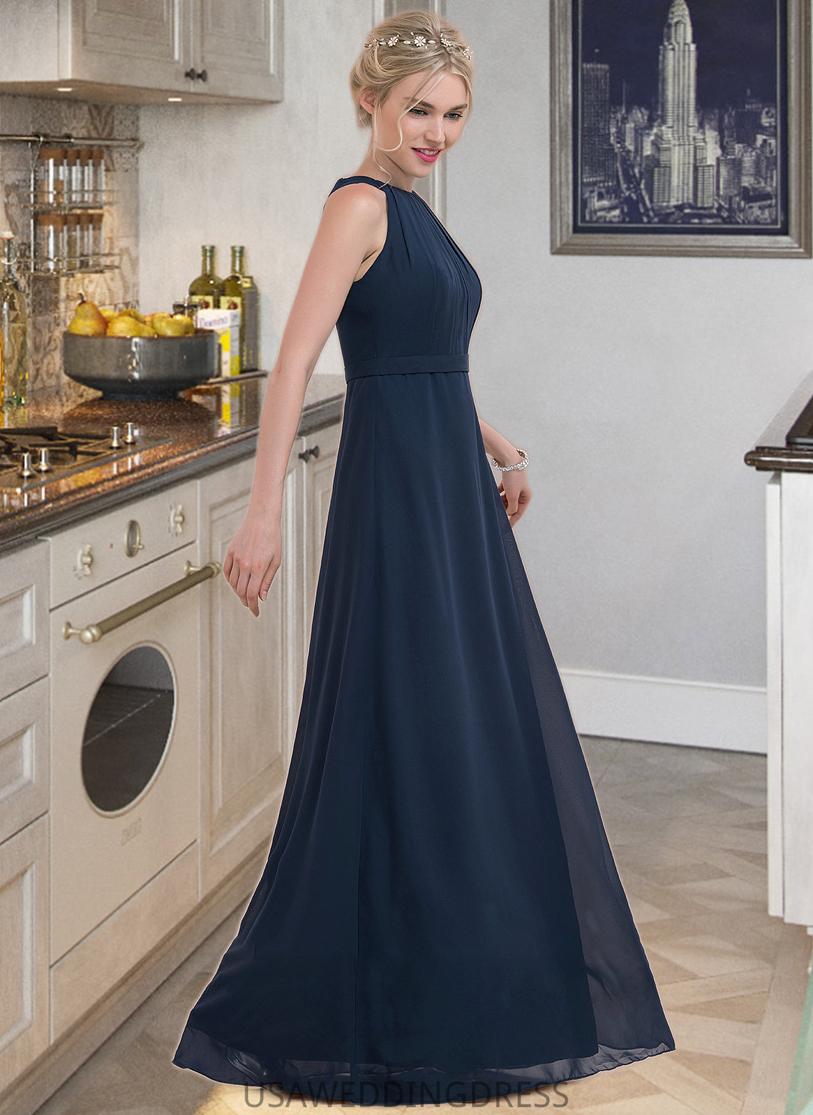 Melanie A-Line Scoop Neck Floor-Length Chiffon Bridesmaid Dress With Ruffle DSP0012861