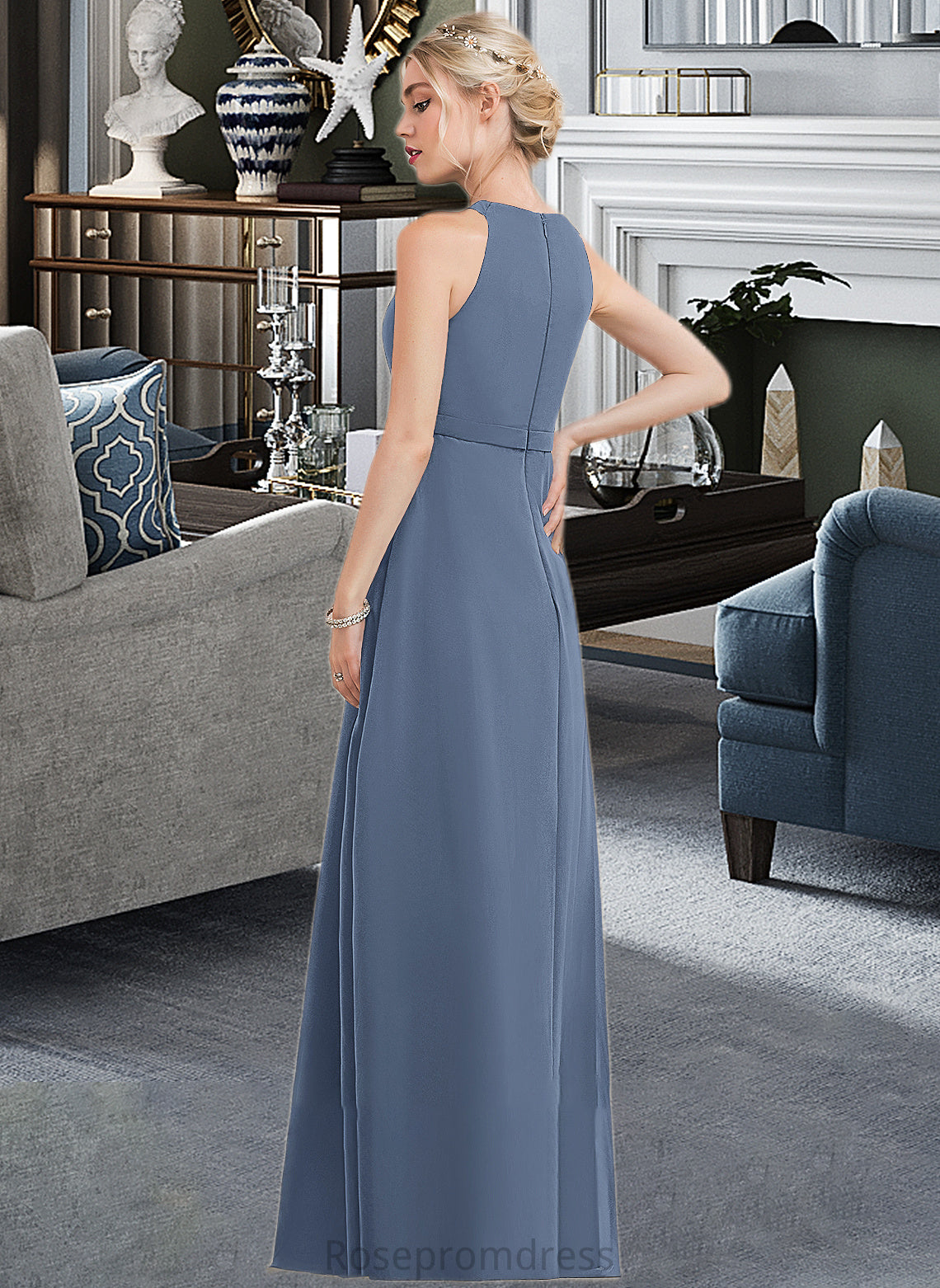 Scarlett A-Line Scoop Neck Floor-Length Chiffon Bridesmaid Dress With Ruffle SRSP0012861