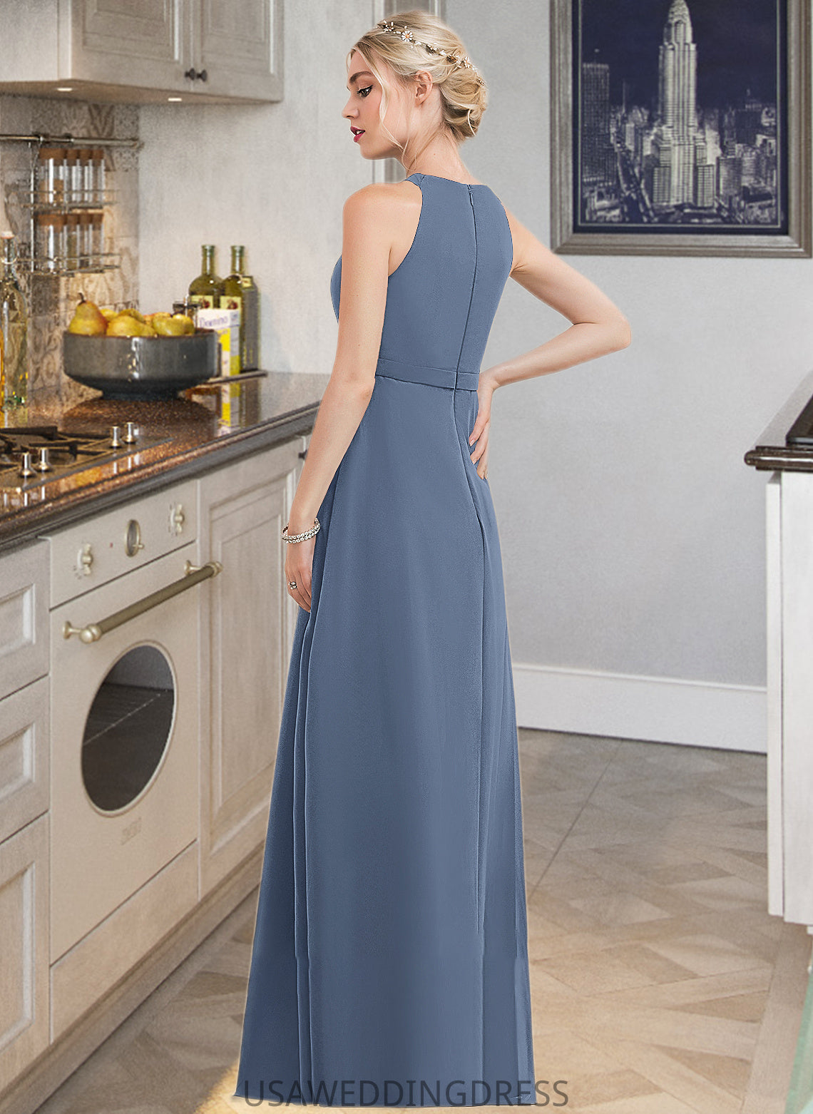 Melanie A-Line Scoop Neck Floor-Length Chiffon Bridesmaid Dress With Ruffle DSP0012861