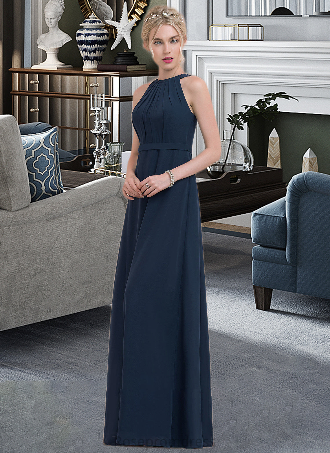 Scarlett A-Line Scoop Neck Floor-Length Chiffon Bridesmaid Dress With Ruffle SRSP0012861